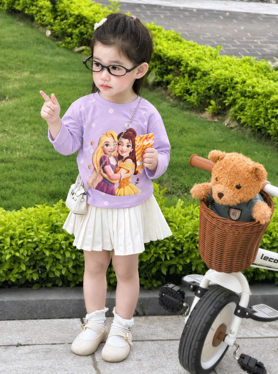 AB981 - SET 3 ÁO BÉ GÁI DÀI TAY COTTON CÔNG CHÚA xanh tím hồng