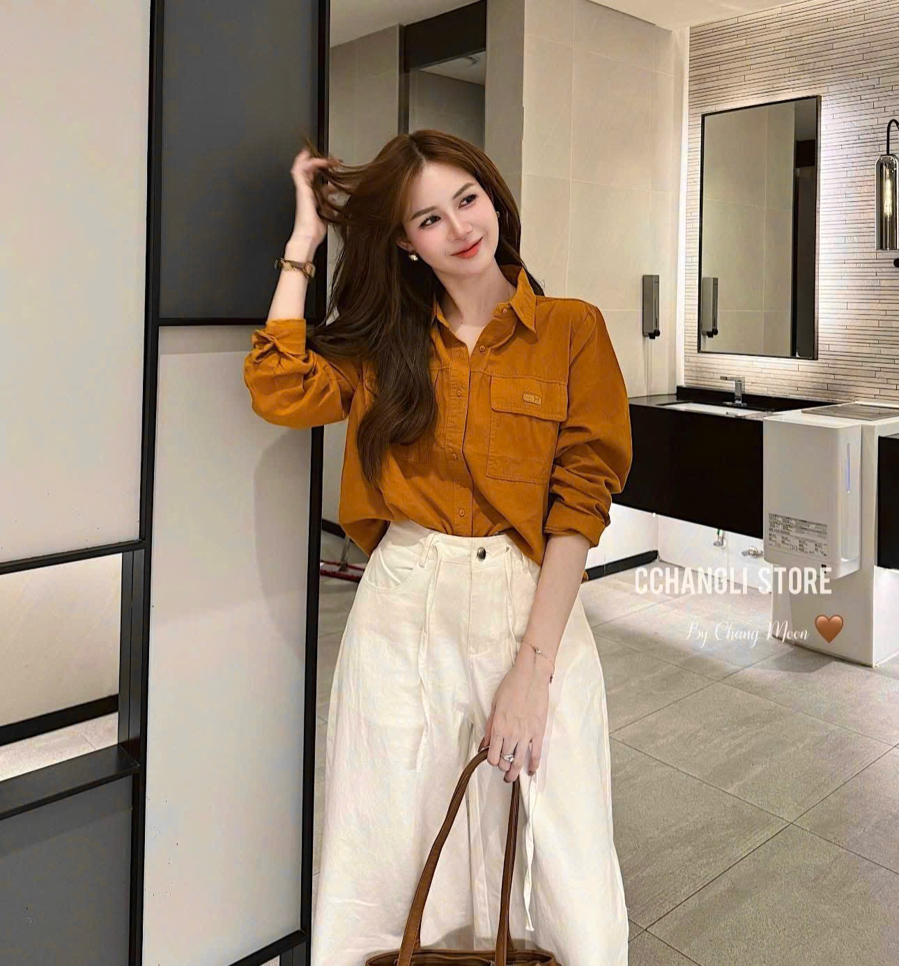 ANU363 - ÁO SƠ MI NỮ MÀU CAM DÀI TAY 2 TÚI
