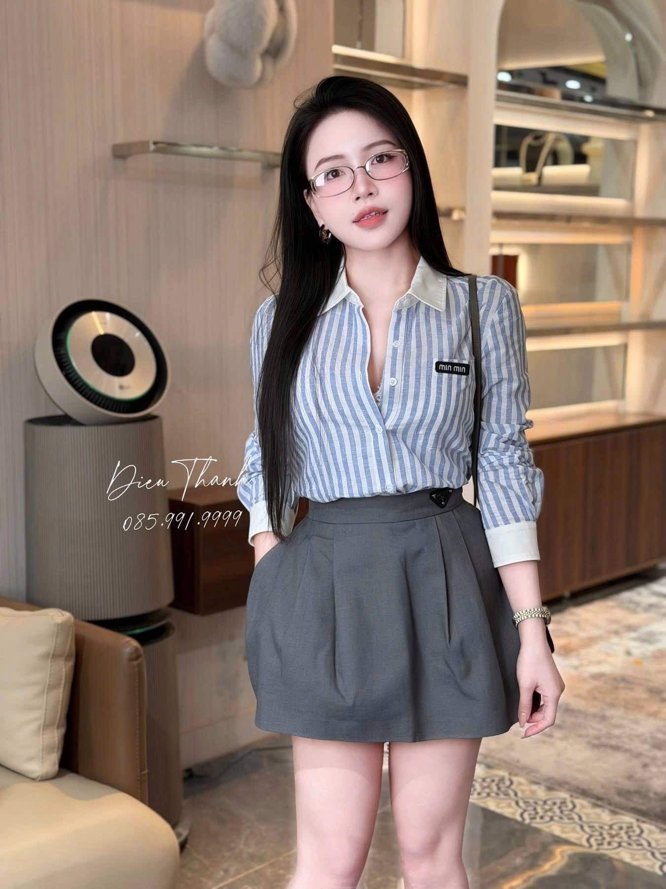 ANU381 - ÁO SƠ MI NỮ LIEN SỌC XANH CỔ TRẮNG minmin