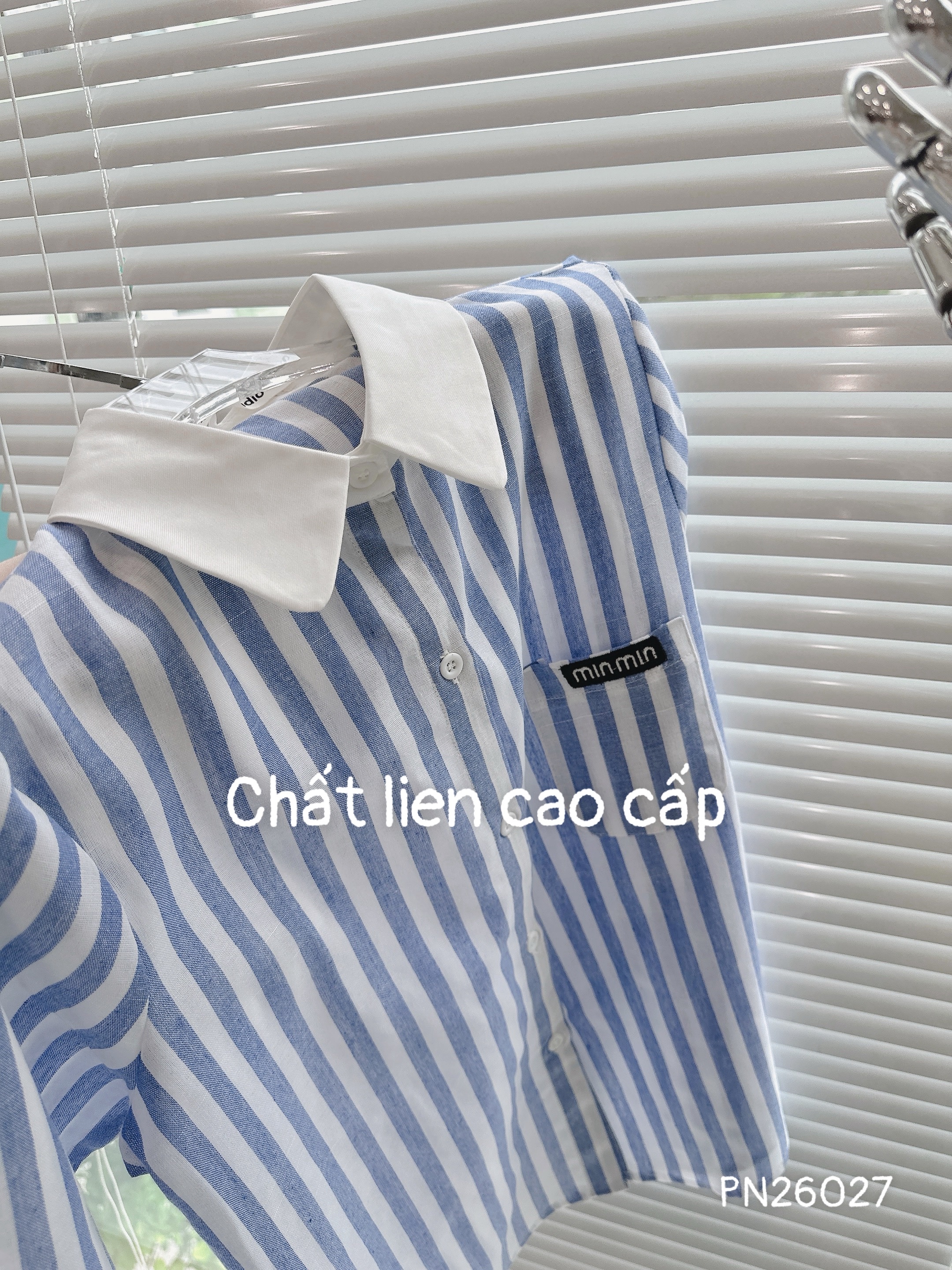 ANU381 - ÁO SƠ MI NỮ LIEN SỌC XANH CỔ TRẮNG minmin