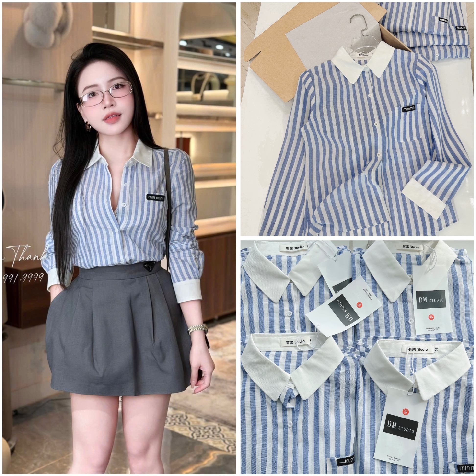 ANU381 - ÁO SƠ MI NỮ LIEN SỌC XANH CỔ TRẮNG minmin