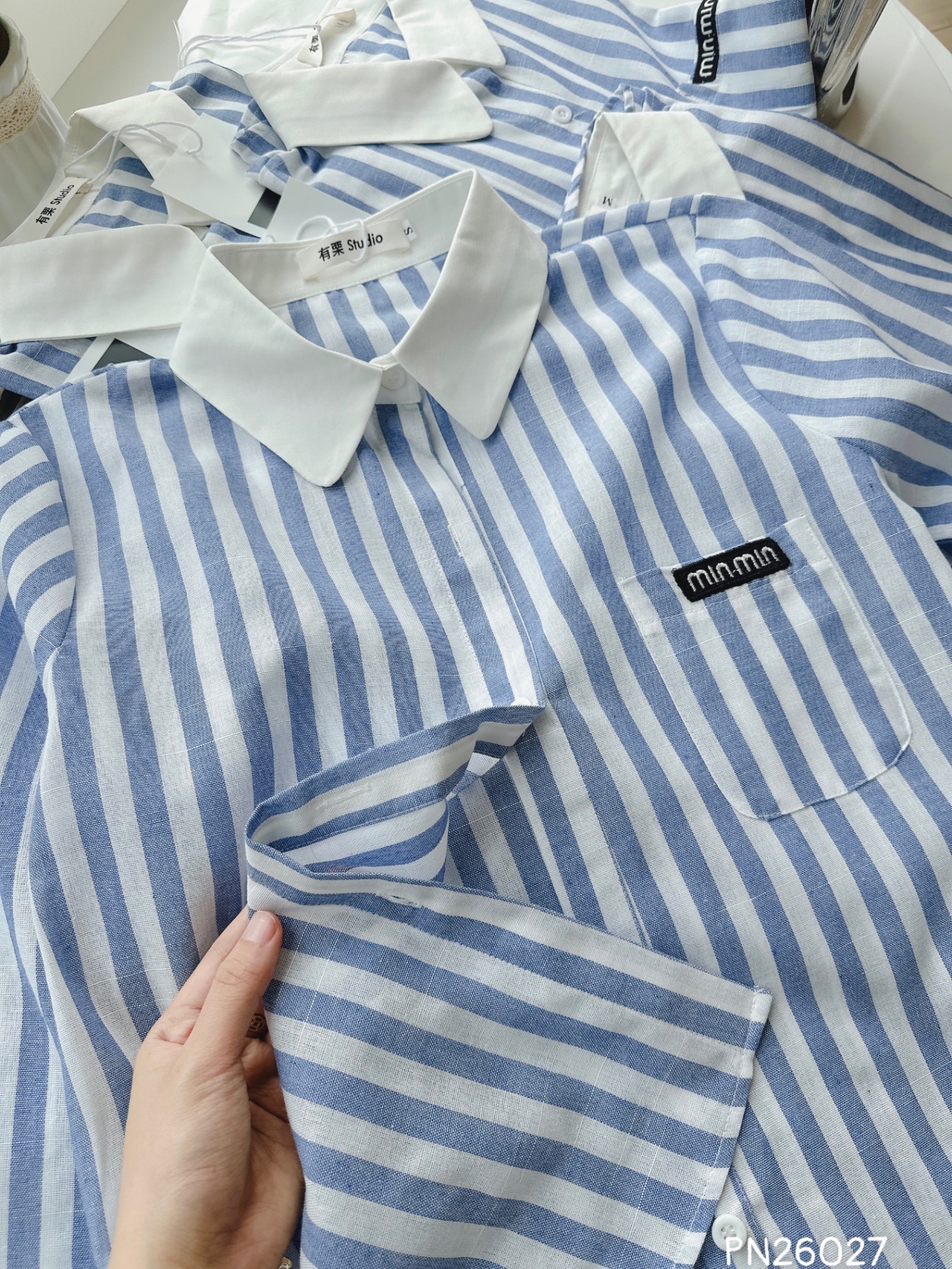 ANU381 - ÁO SƠ MI NỮ LIEN SỌC XANH CỔ TRẮNG minmin