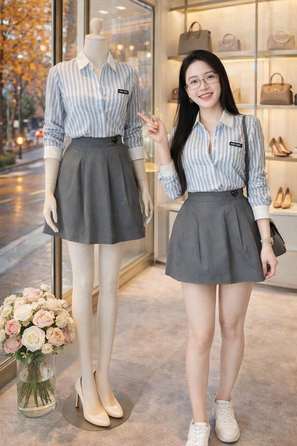 ANU381 - ÁO SƠ MI NỮ LIEN SỌC XANH CỔ TRẮNG minmin