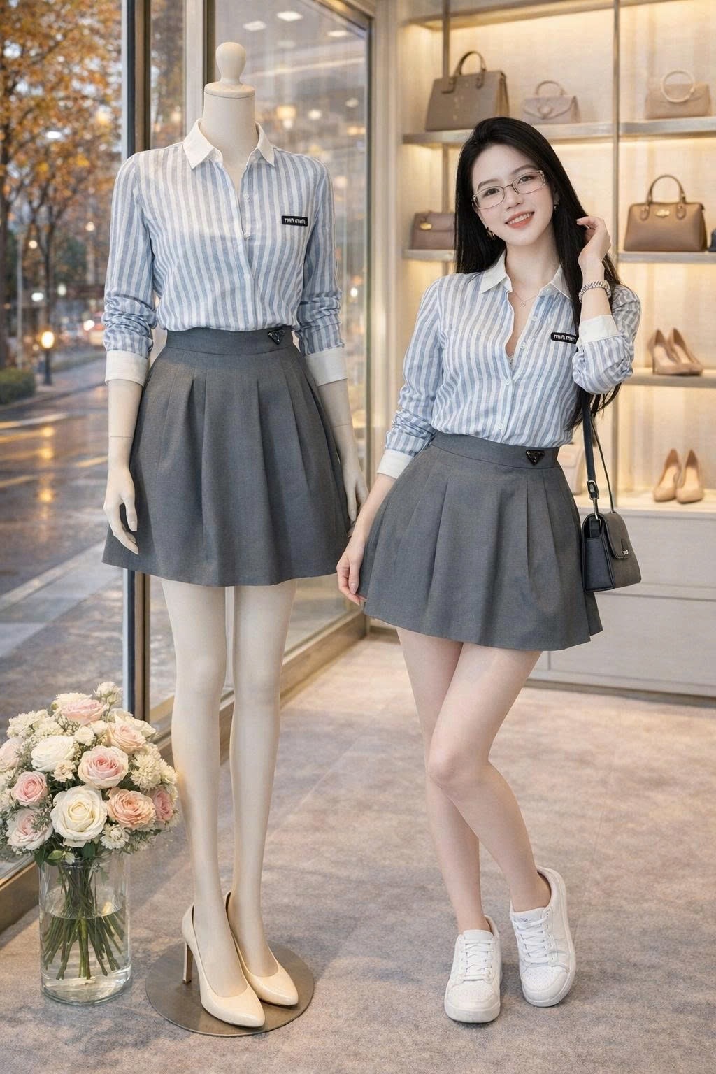 ANU381 - ÁO SƠ MI NỮ LIEN SỌC XANH CỔ TRẮNG minmin