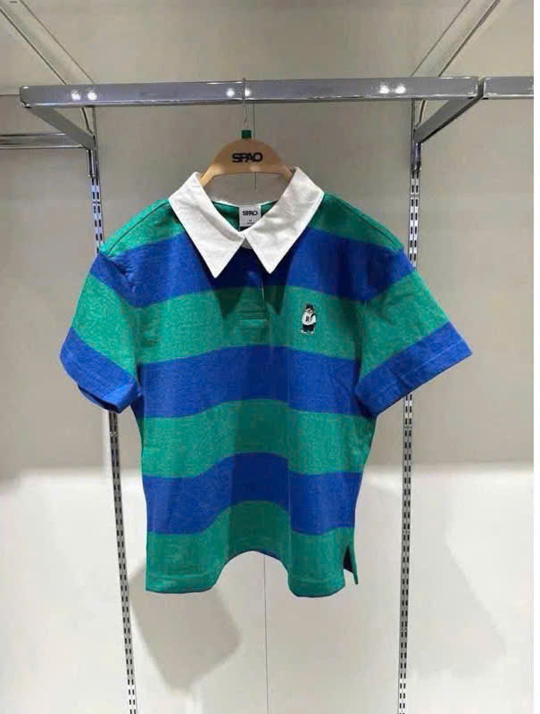 ANU413 - ÁO POLO NỮ KẺ XANH CỔ TRẮNG