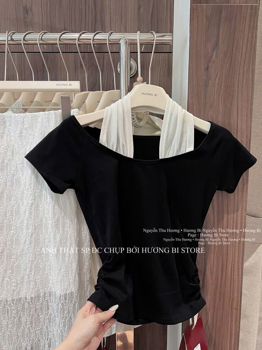 ANU417 - ÁO ZIP NỮ ĐEN CỔ YẾM TRẮNG