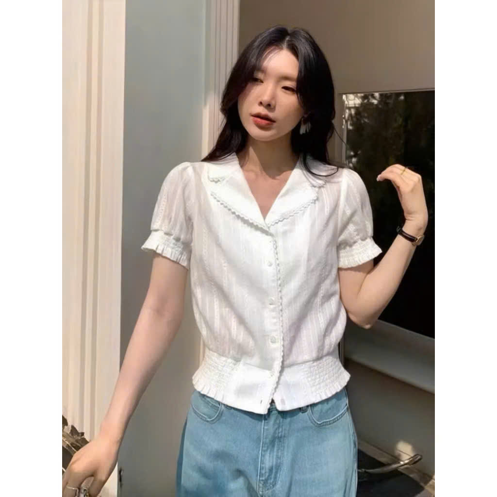 ANU426 - ÁO SƠ MI NỮ TRẮNG PHỐI REN CHUN GẤU