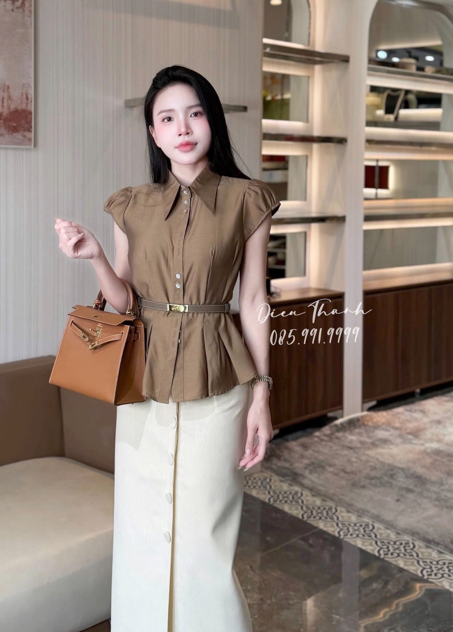 ANU433 - ÁO SƠ MI NỮ TƠ TẰM CÚC TRAI CỔ NHỌN
