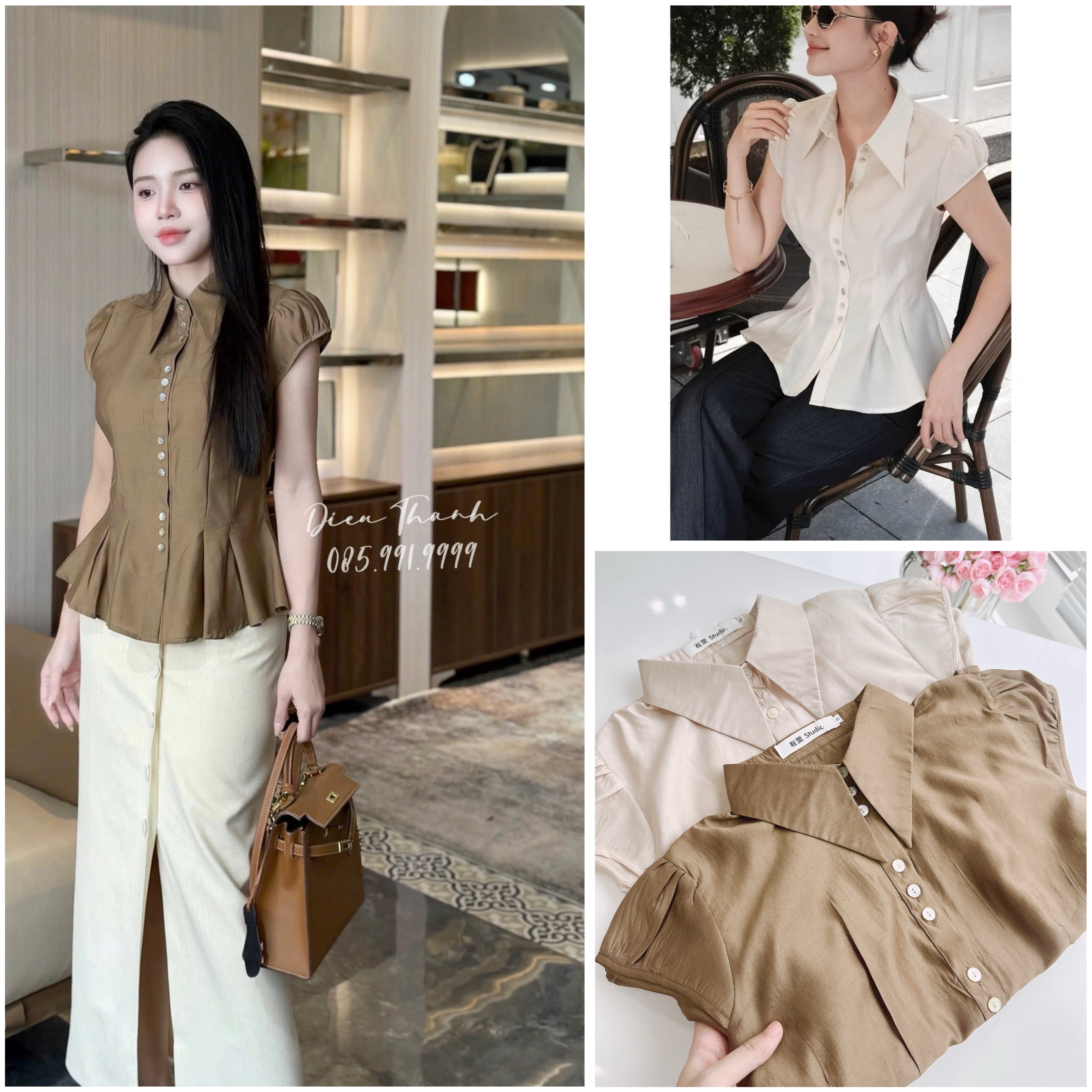 ANU433 - ÁO SƠ MI NỮ TƠ TẰM CÚC TRAI CỔ NHỌN