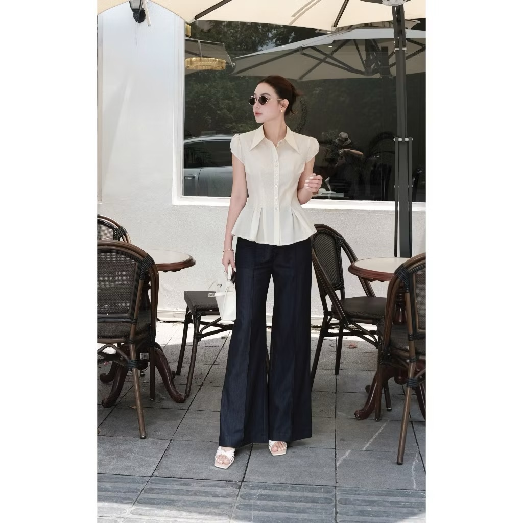 ANU433 - ÁO SƠ MI NỮ TƠ TẰM CÚC TRAI CỔ NHỌN