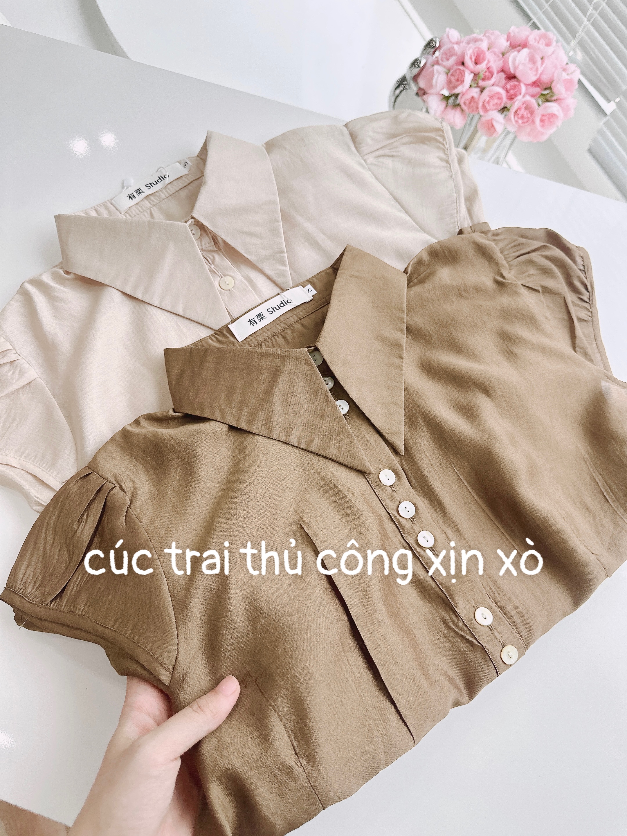 ANU433 - ÁO SƠ MI NỮ TƠ TẰM CÚC TRAI CỔ NHỌN