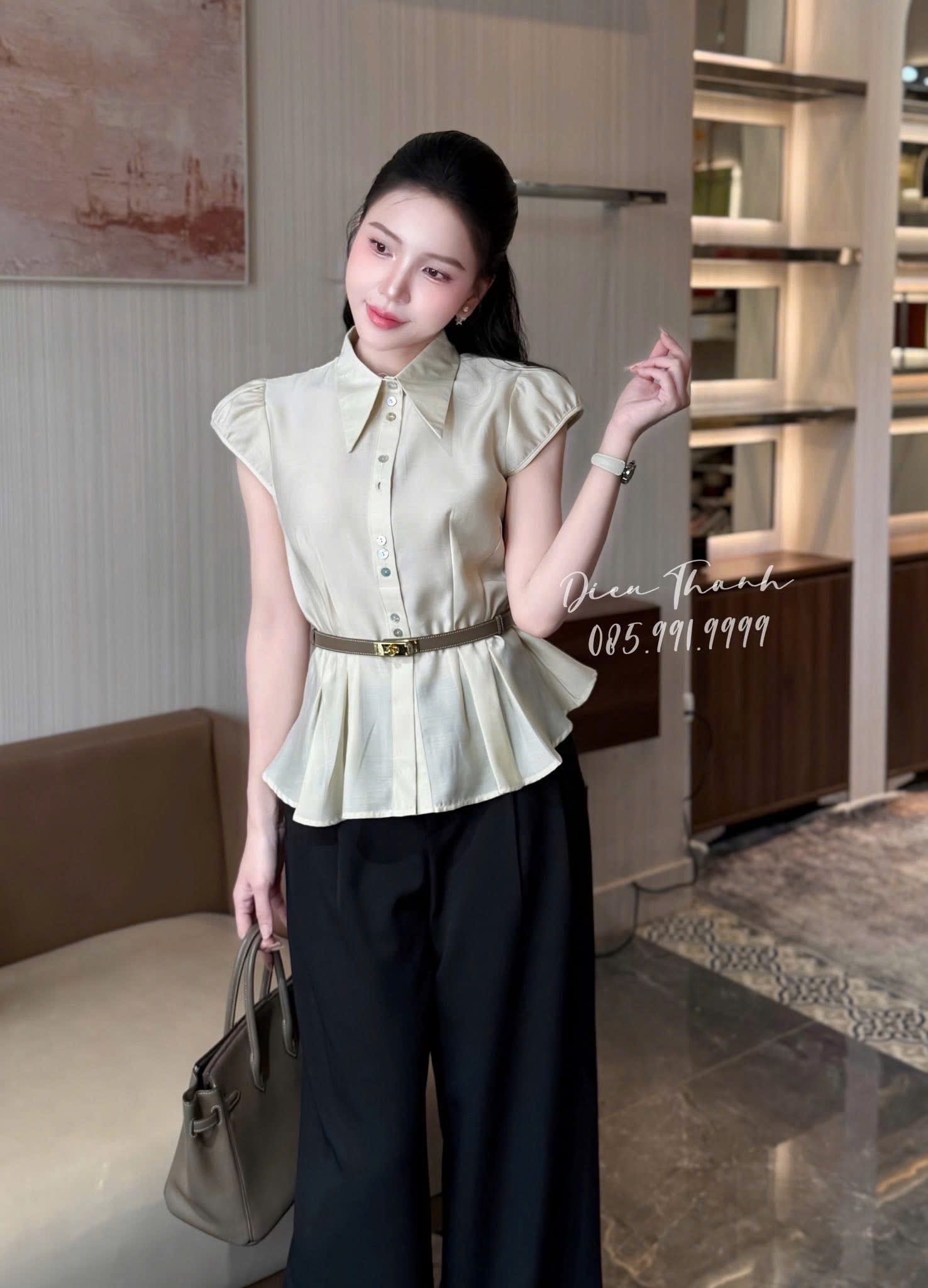 ANU433 - ÁO SƠ MI NỮ TƠ TẰM CÚC TRAI CỔ NHỌN