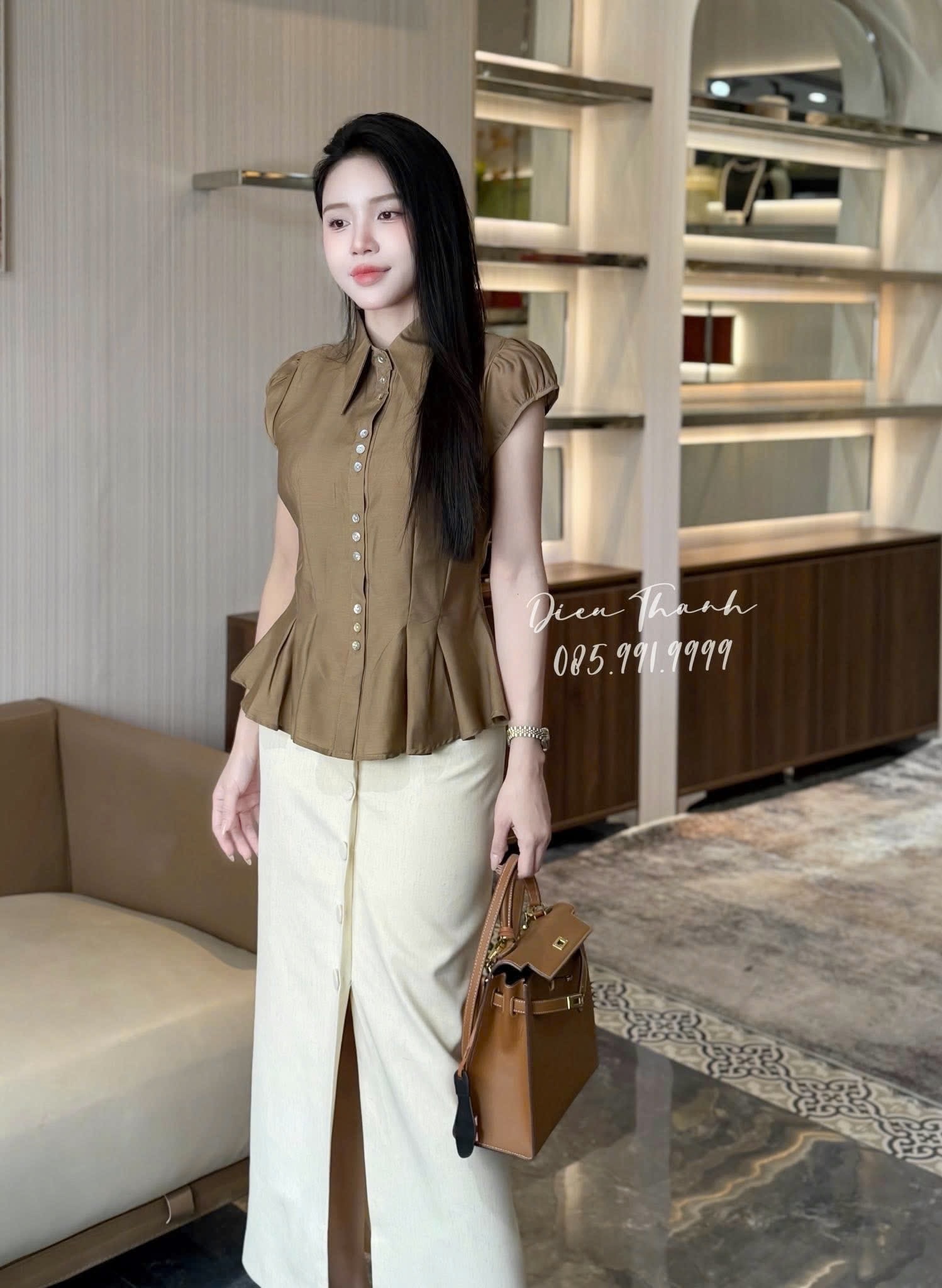 ANU433 - ÁO SƠ MI NỮ TƠ TẰM CÚC TRAI CỔ NHỌN