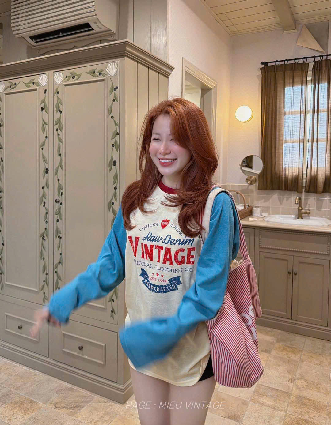 ANU438 - ÁO THUN NỮ GIẤY DÀI TAY BE TAY XANH VINTAGE