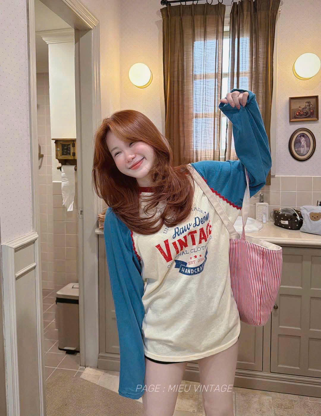 ANU438 - ÁO THUN NỮ GIẤY DÀI TAY BE TAY XANH VINTAGE