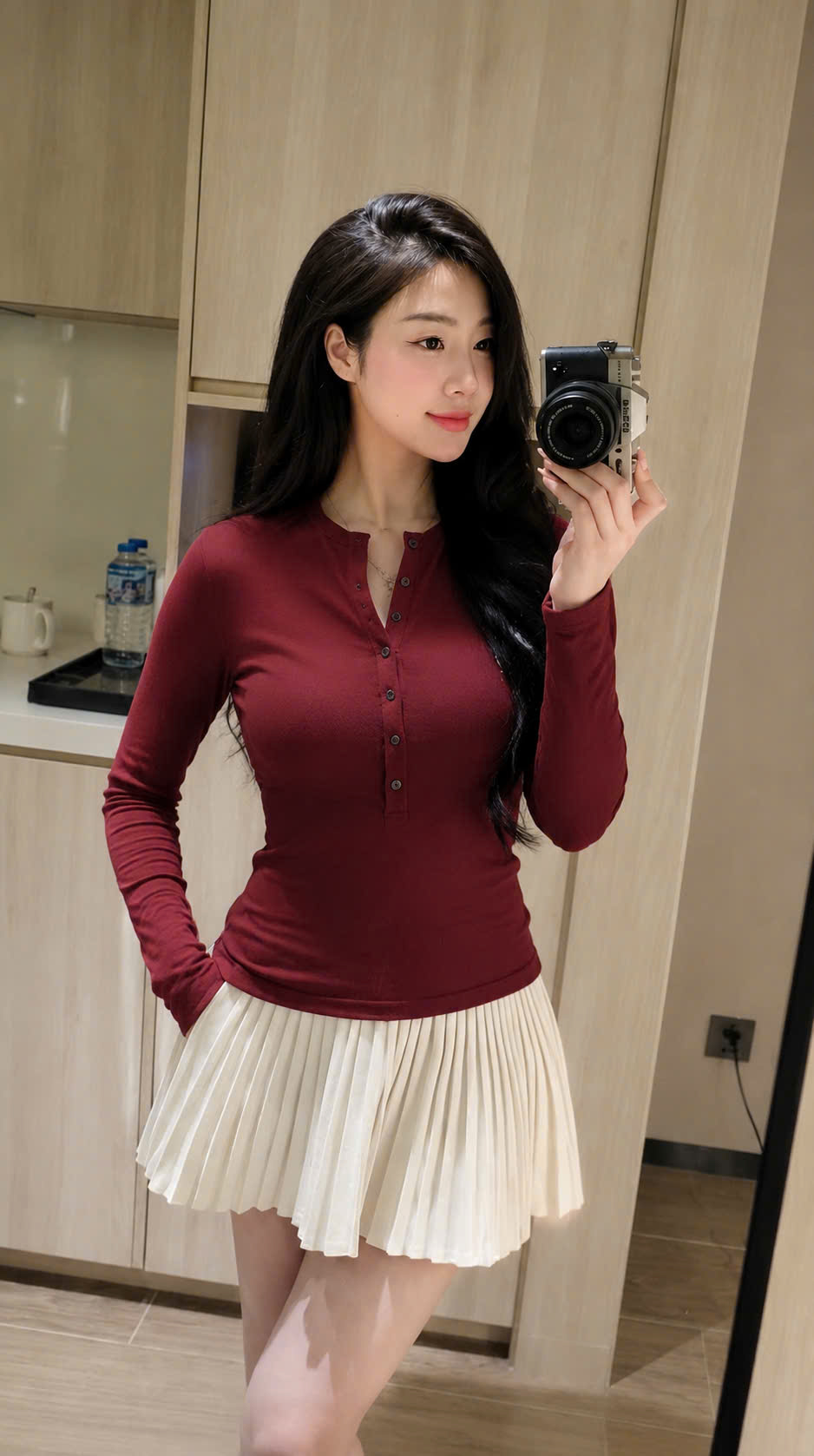 ANU448 - ÁO ZIP NỮ ĐỎ DÀI TAY CỔ CÚC