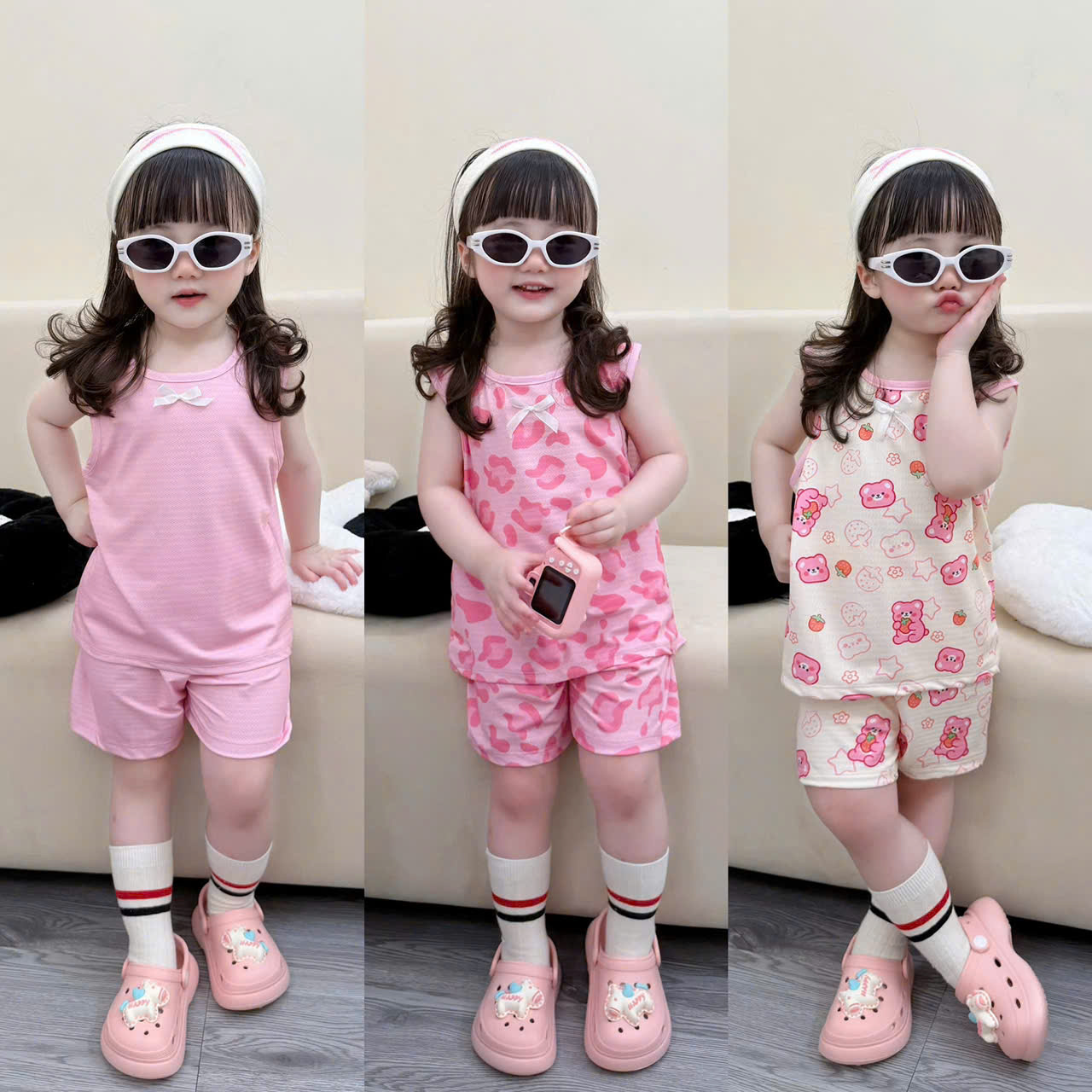 G002 - SET 3 BỘ ĐÙI BÉ GÁI BA LỖ THÔNG HƠI GẤU báo hồng be