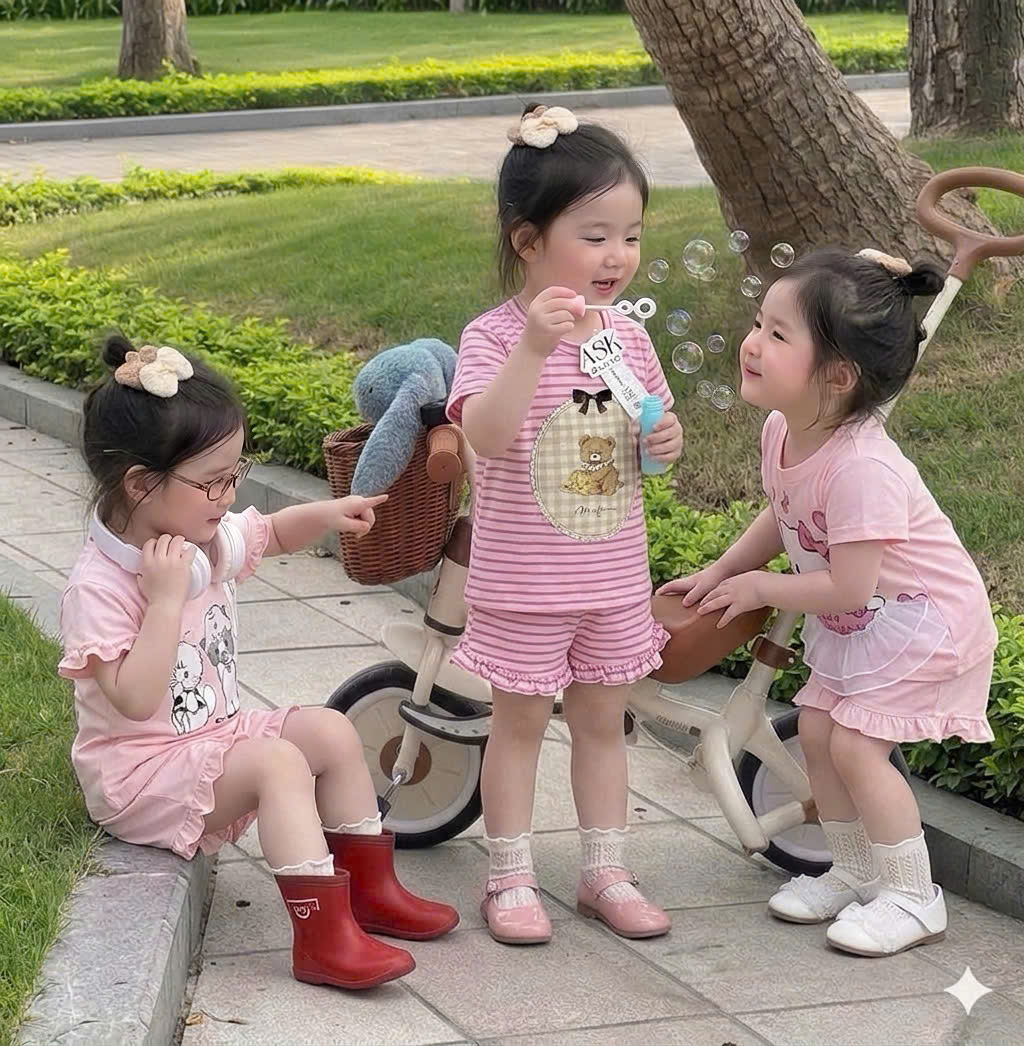 G003 - SET 3 BỘ ĐÙI BÉ GÁI BÈO MÈO THỎ hồng kẻ BÈO GẤU