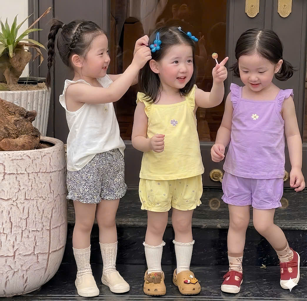 G005 - SET 3 BỘ ĐÙI BÉ GÁI 2S BÈO VAI HOA NHÍ tím vàng be