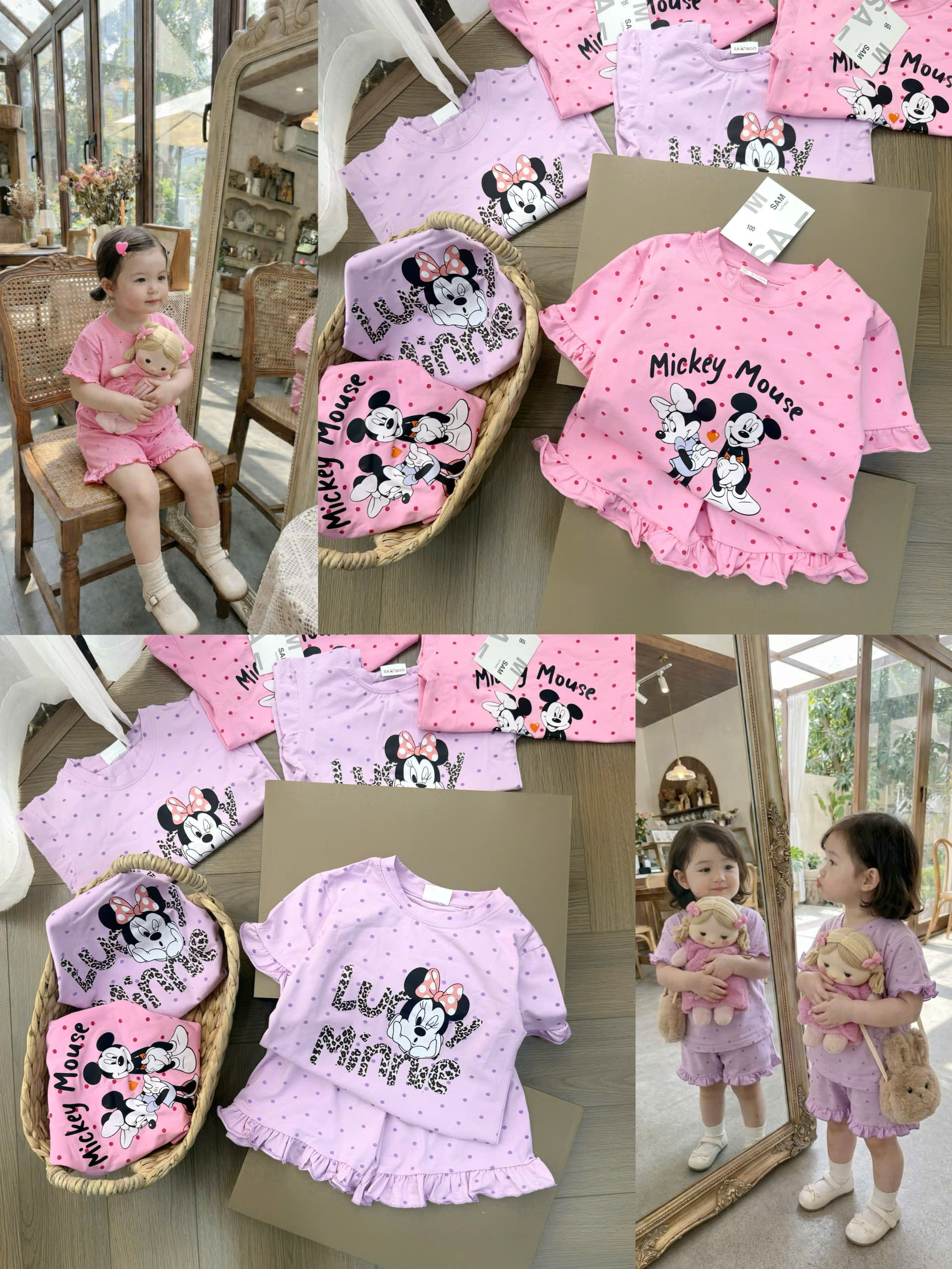 G007 - SET 2 BỘ ĐÙI BÉ GÁI CHẤM BI MICKEY MINNIE VIỀN BÈO