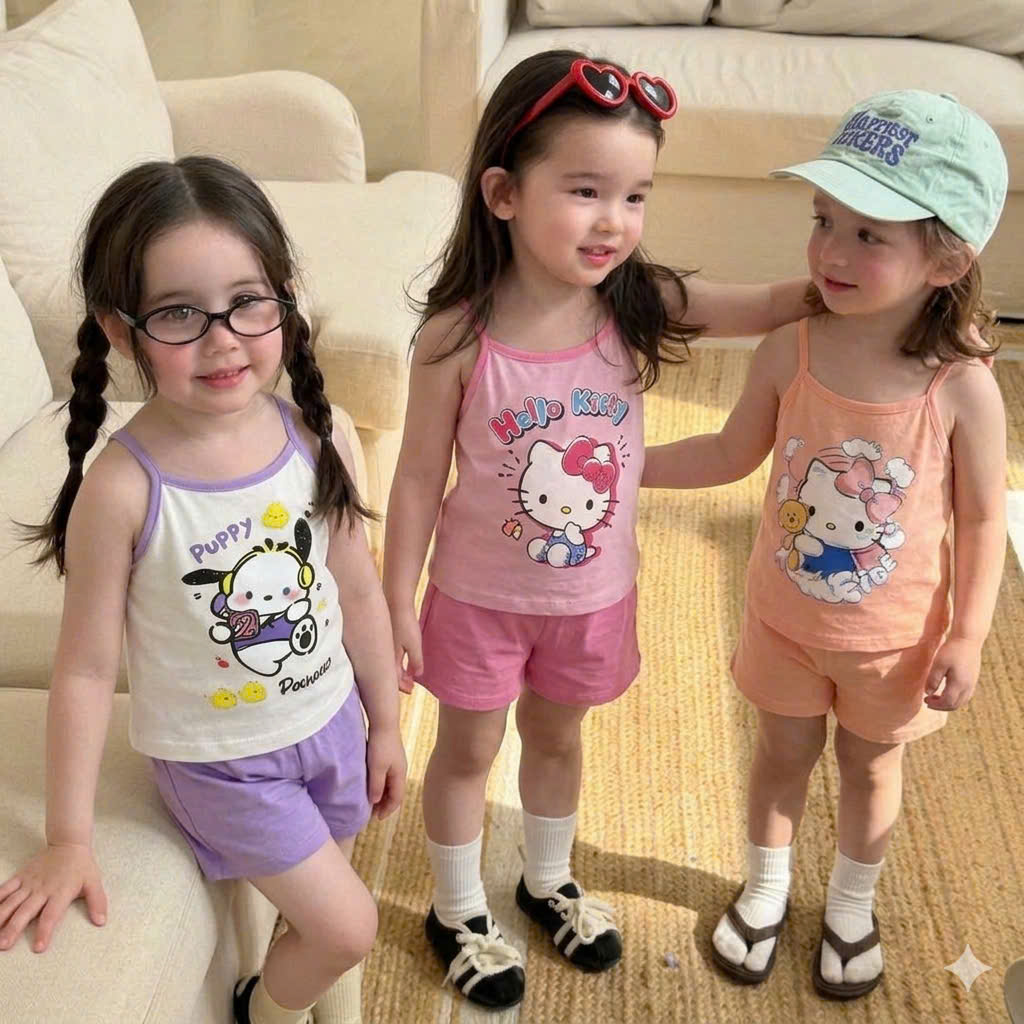 G009 - SET 3 BỘ ĐÙI BÉ GÁI 2S KITTY PUPPY tím hồng