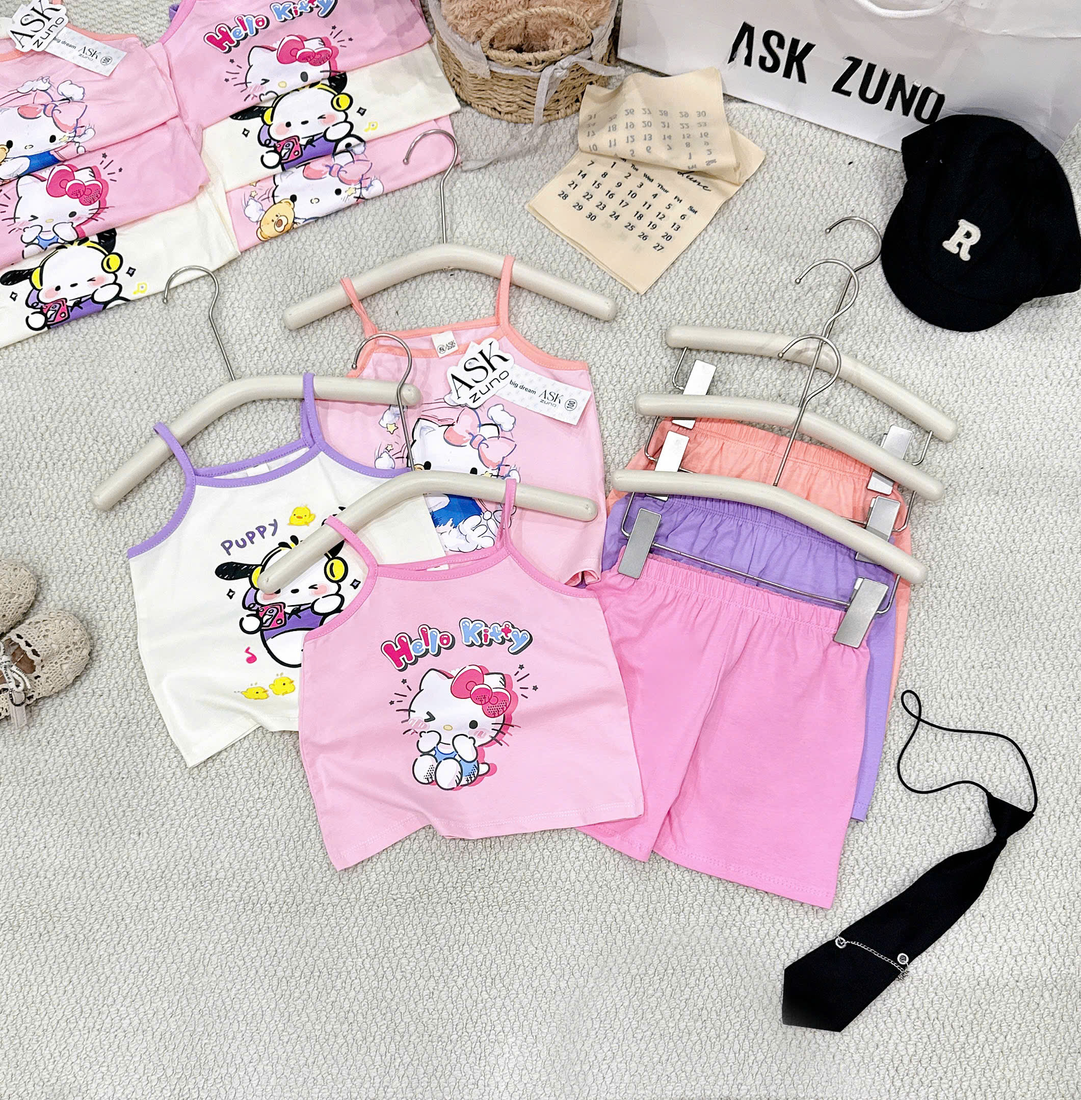 G009 - SET 3 BỘ ĐÙI BÉ GÁI 2S KITTY PUPPY tím hồng