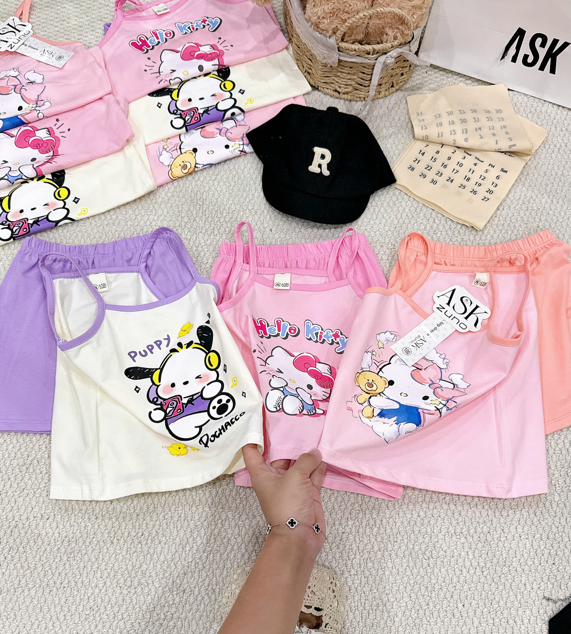 G009 - SET 3 BỘ ĐÙI BÉ GÁI 2S KITTY PUPPY tím hồng