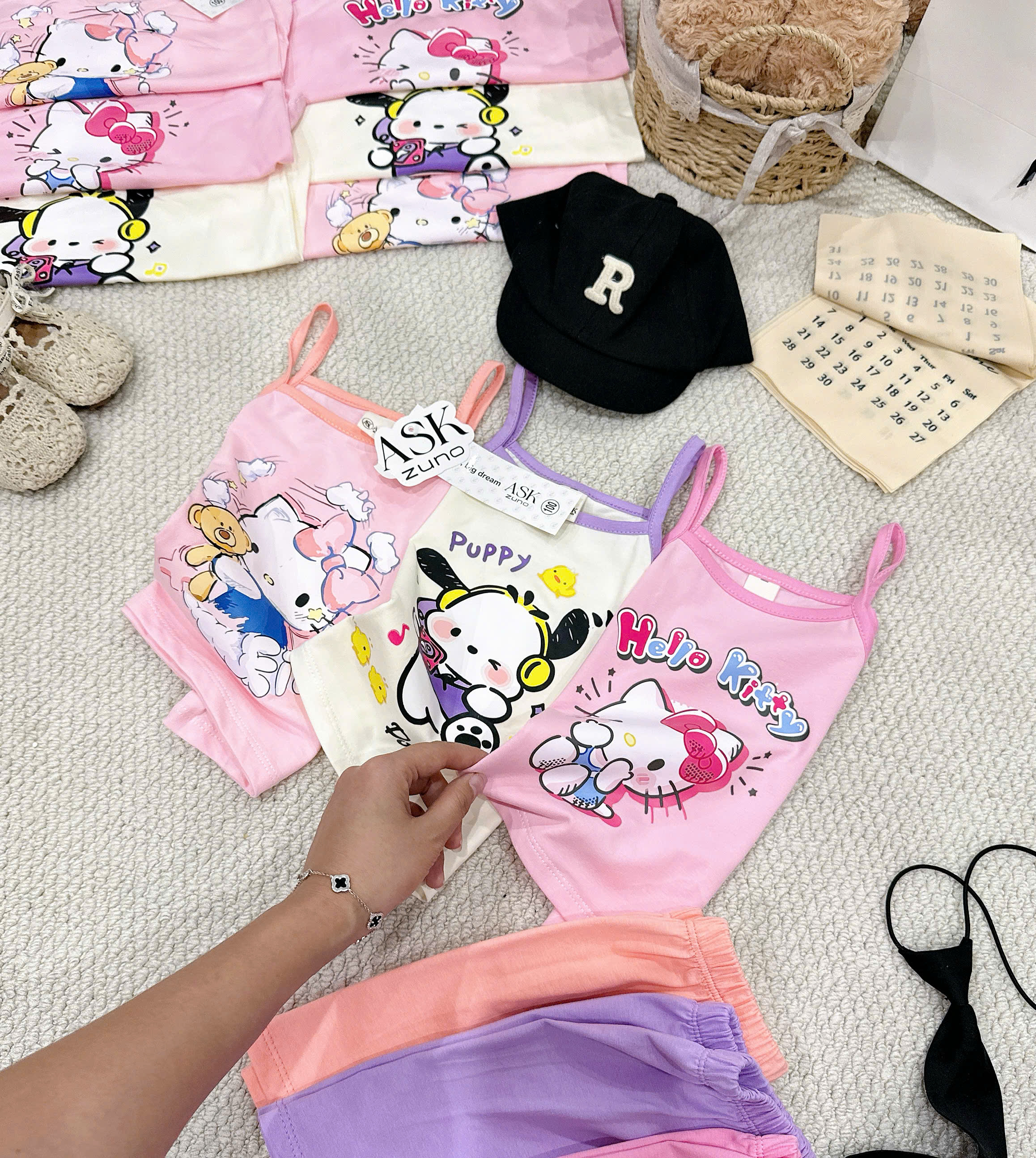 G009 - SET 3 BỘ ĐÙI BÉ GÁI 2S KITTY PUPPY tím hồng