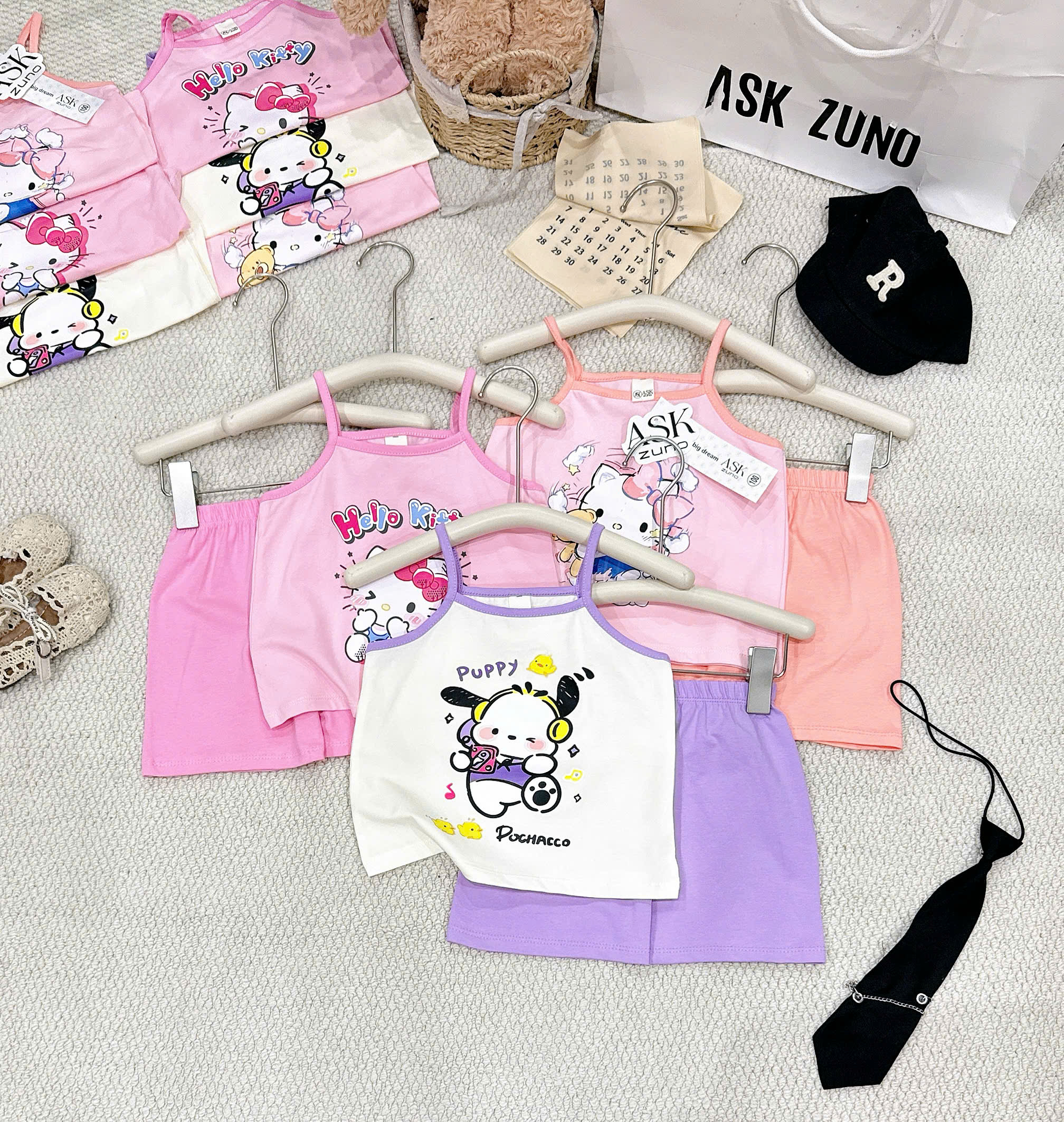 G009 - SET 3 BỘ ĐÙI BÉ GÁI 2S KITTY PUPPY tím hồng