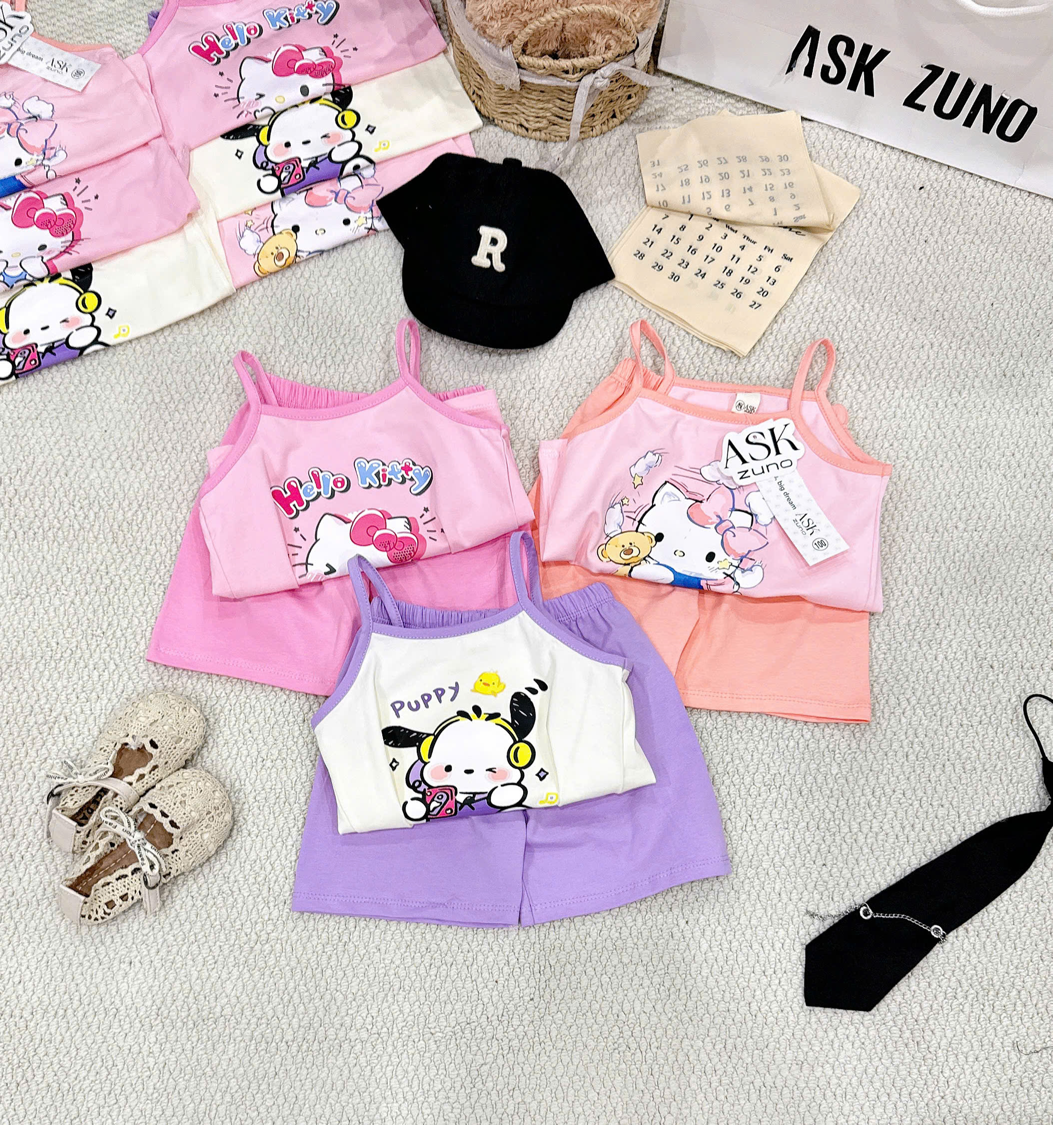 G009 - SET 3 BỘ ĐÙI BÉ GÁI 2S KITTY PUPPY tím hồng