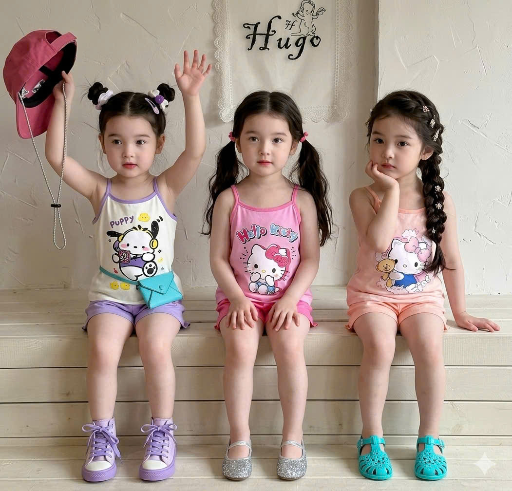 G009 - SET 3 BỘ ĐÙI BÉ GÁI 2S KITTY PUPPY tím hồng