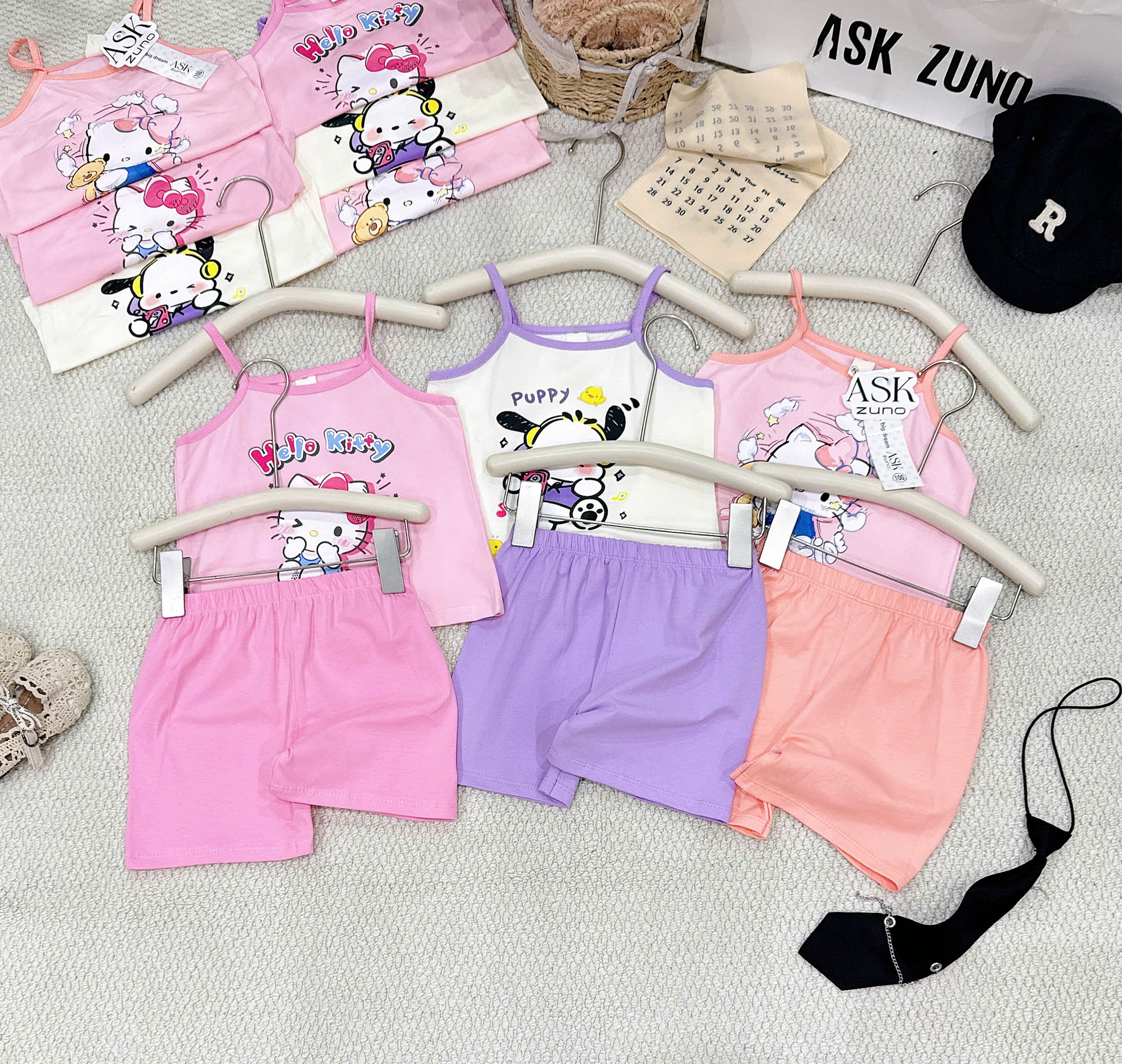 G009 - SET 3 BỘ ĐÙI BÉ GÁI 2S KITTY PUPPY tím hồng