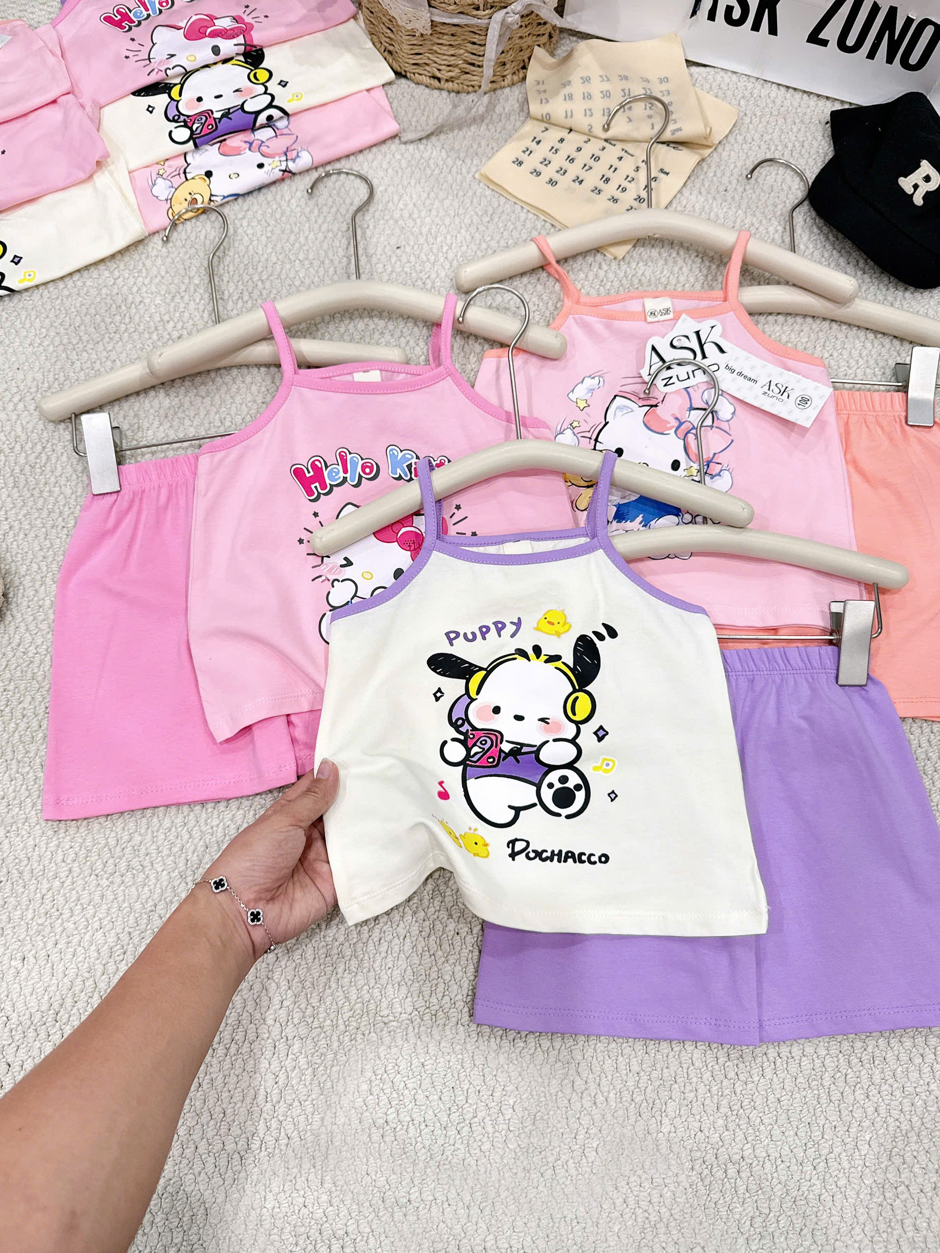 G009 - SET 3 BỘ ĐÙI BÉ GÁI 2S KITTY PUPPY tím hồng