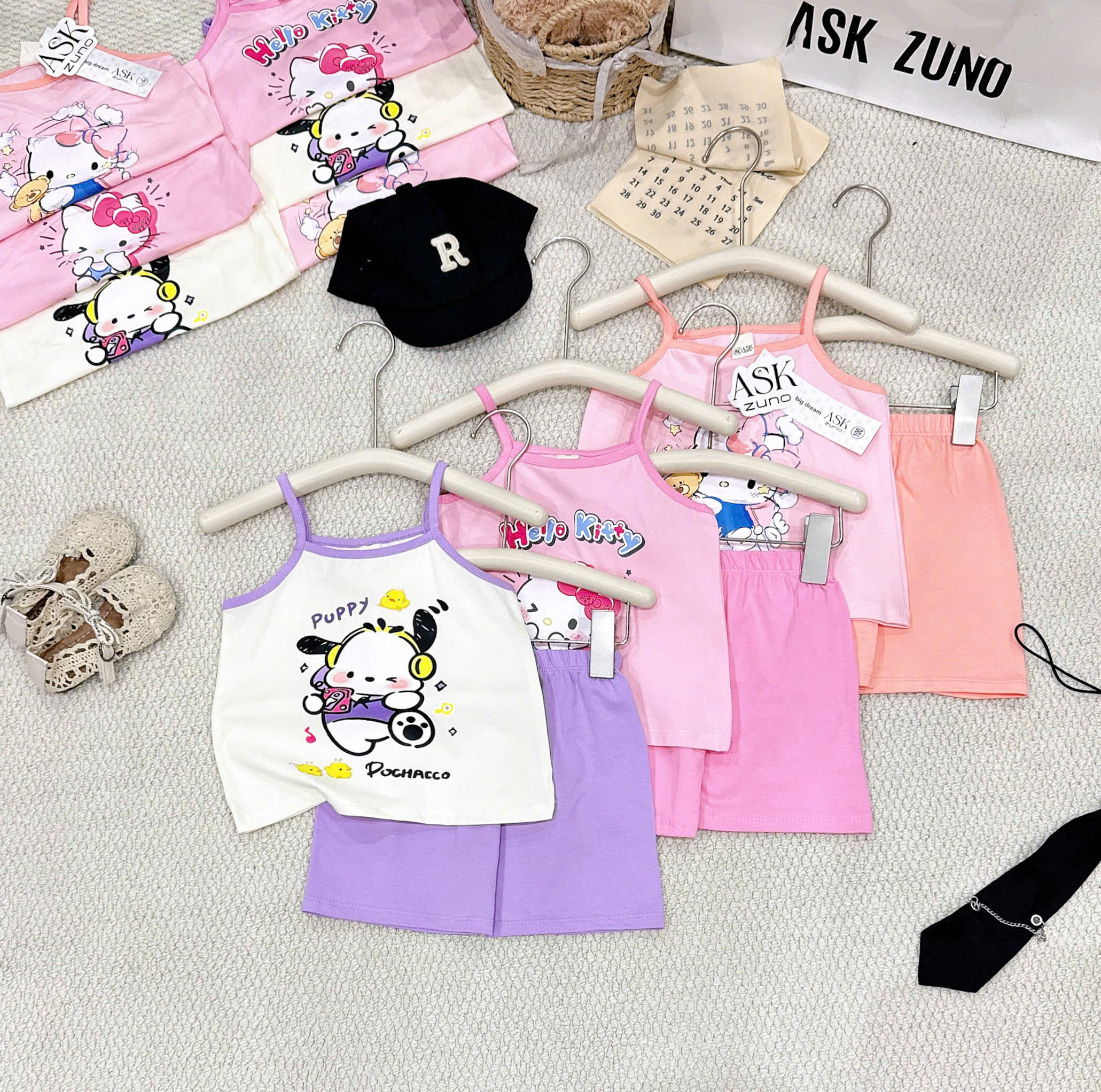 G009 - SET 3 BỘ ĐÙI BÉ GÁI 2S KITTY PUPPY tím hồng