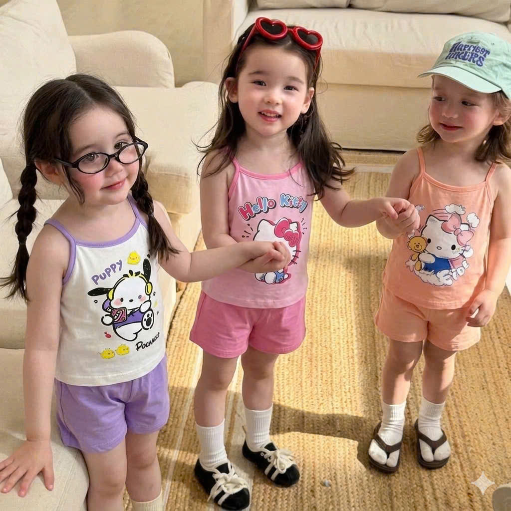 G009 - SET 3 BỘ ĐÙI BÉ GÁI 2S KITTY PUPPY tím hồng