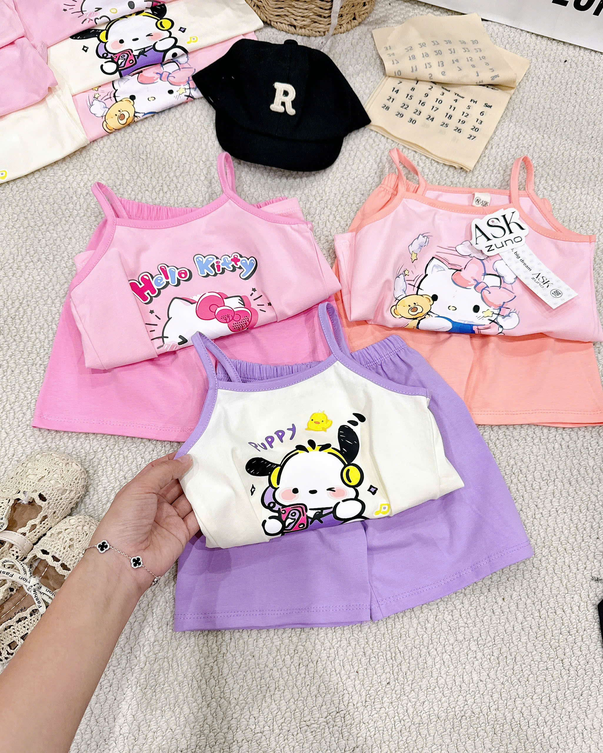 G009 - SET 3 BỘ ĐÙI BÉ GÁI 2S KITTY PUPPY tím hồng
