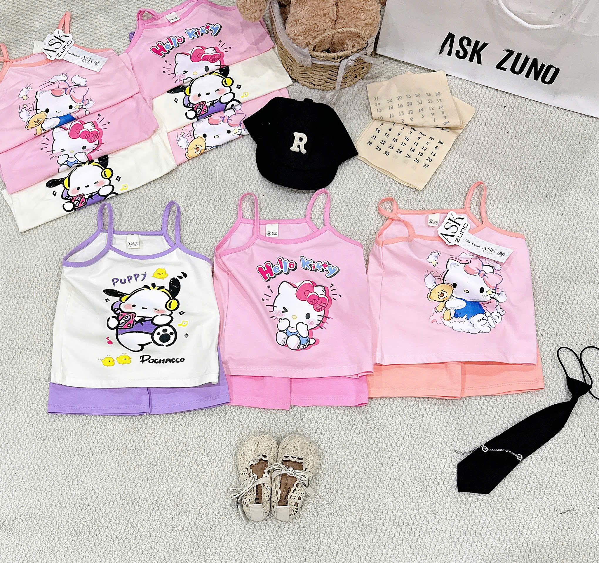G009 - SET 3 BỘ ĐÙI BÉ GÁI 2S KITTY PUPPY tím hồng