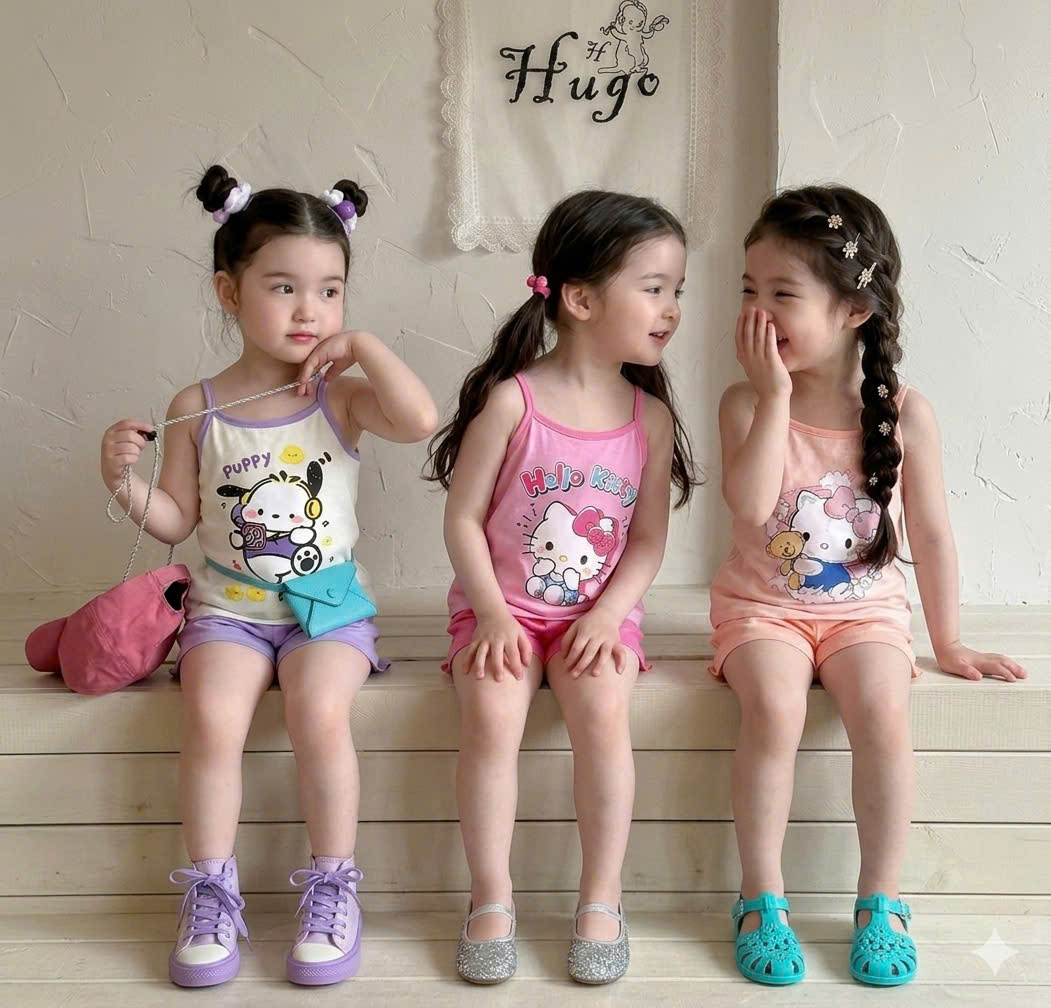G009 - SET 3 BỘ ĐÙI BÉ GÁI 2S KITTY PUPPY tím hồng