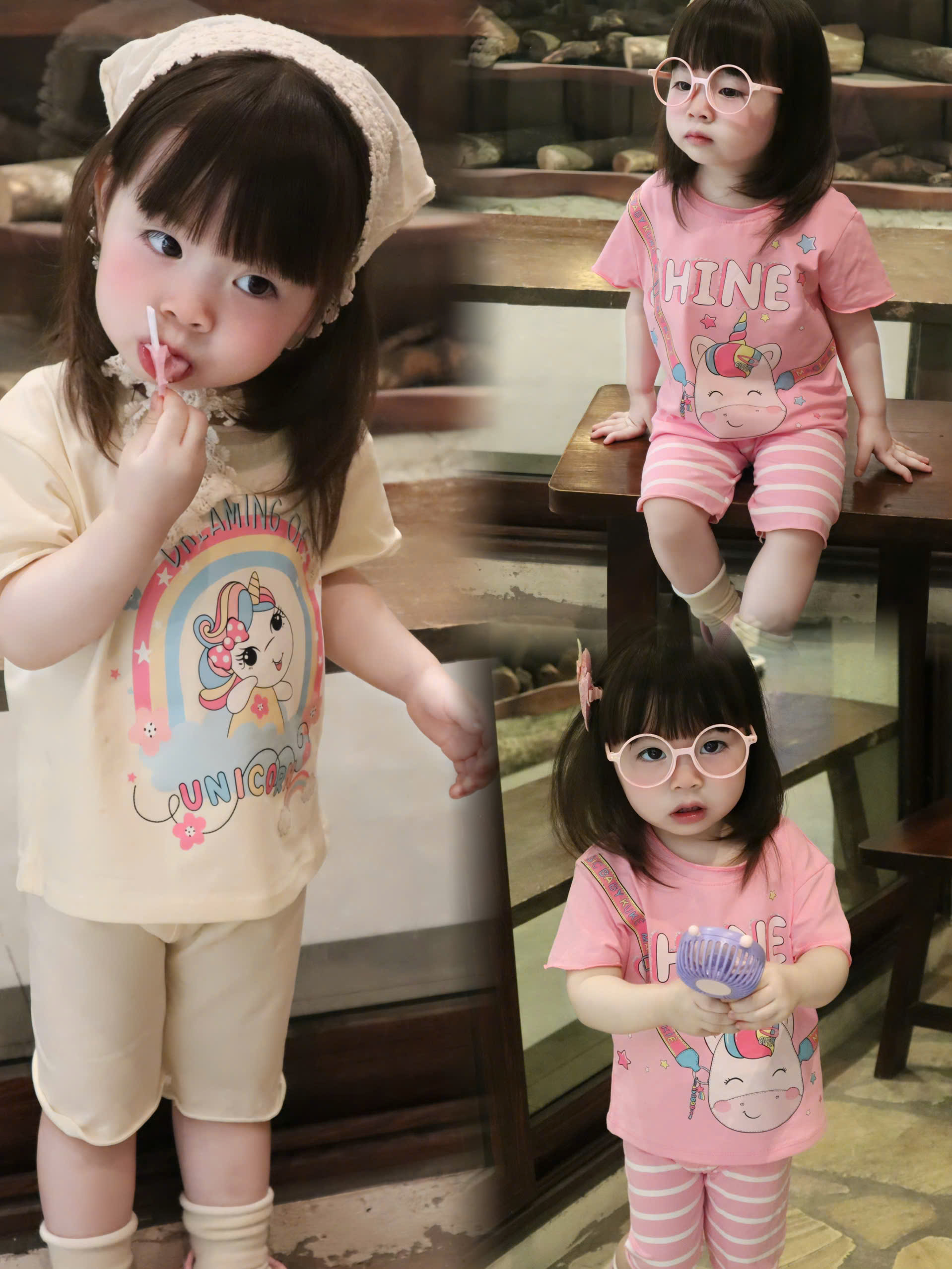 G011 - SET 2 BỘ ĐÙI BÉ GÁI NGỰA UNICORN hồng be