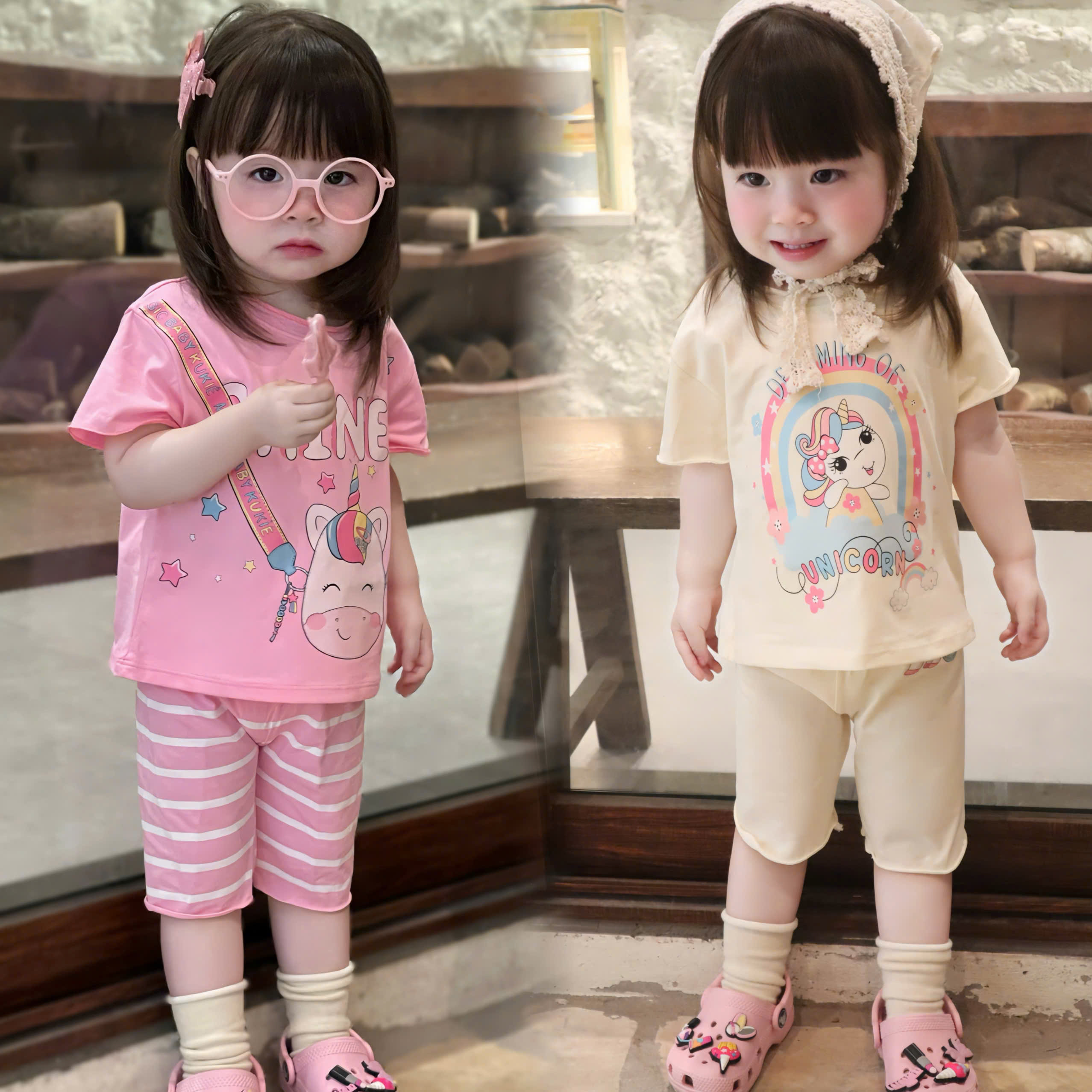 G011 - SET 2 BỘ ĐÙI BÉ GÁI NGỰA UNICORN hồng be