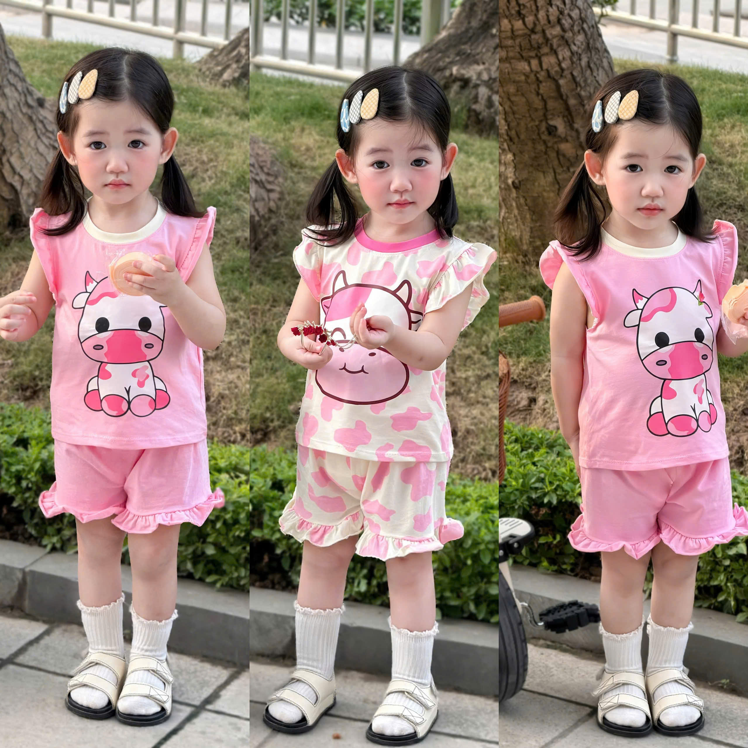 G013 - SET 2 BỘ ĐÙI BÉ GÁI VAI CÁNH TIÊN BÒ SỮA hồng
