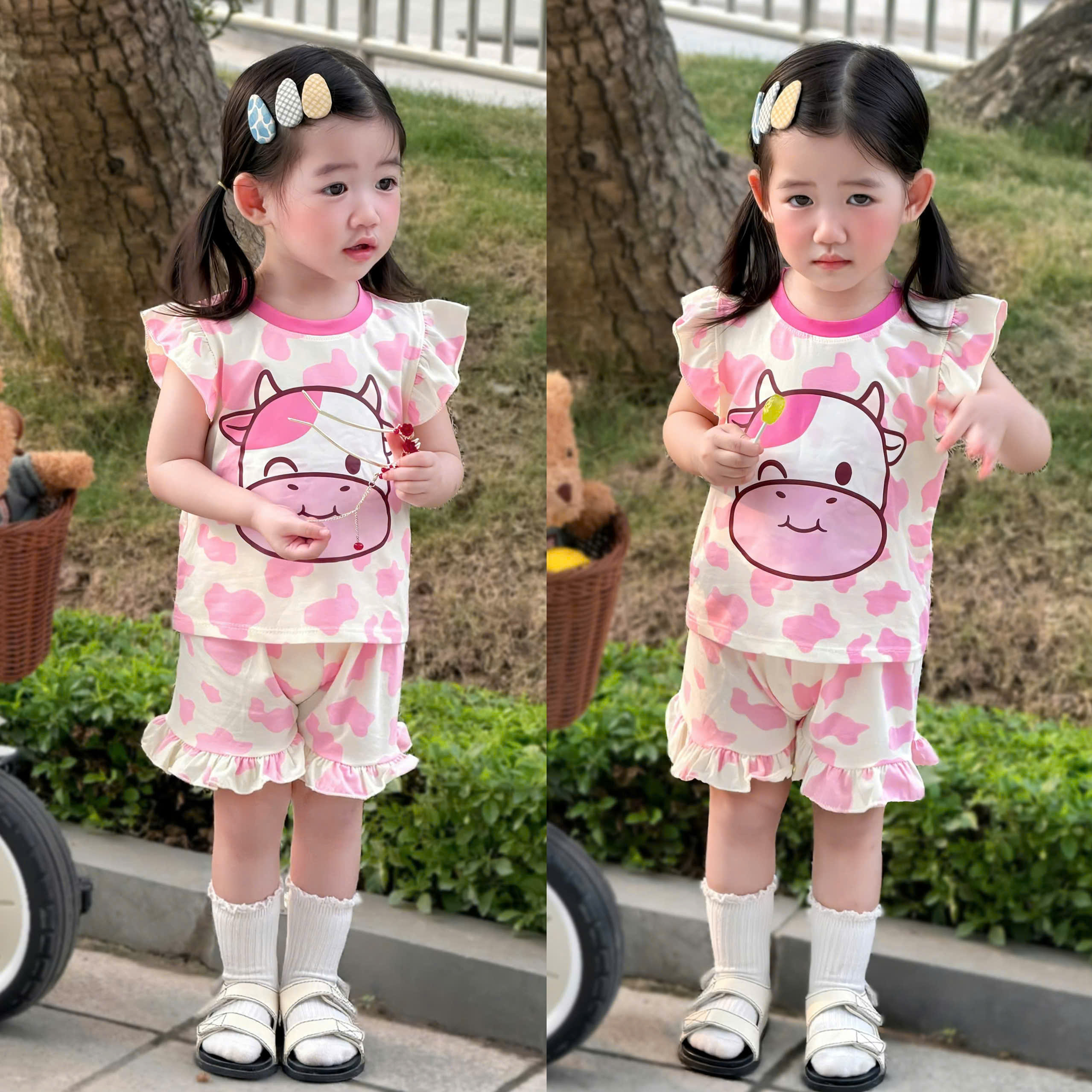 G013 - SET 2 BỘ ĐÙI BÉ GÁI VAI CÁNH TIÊN BÒ SỮA hồng