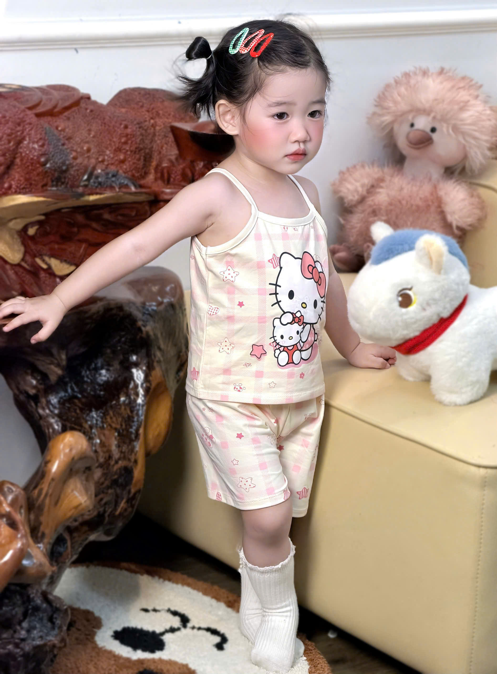 G016 - SET 2 BỘ ĐÙI BÉ GÁI 2S KITTY NƠ NHÍ vàng hồng