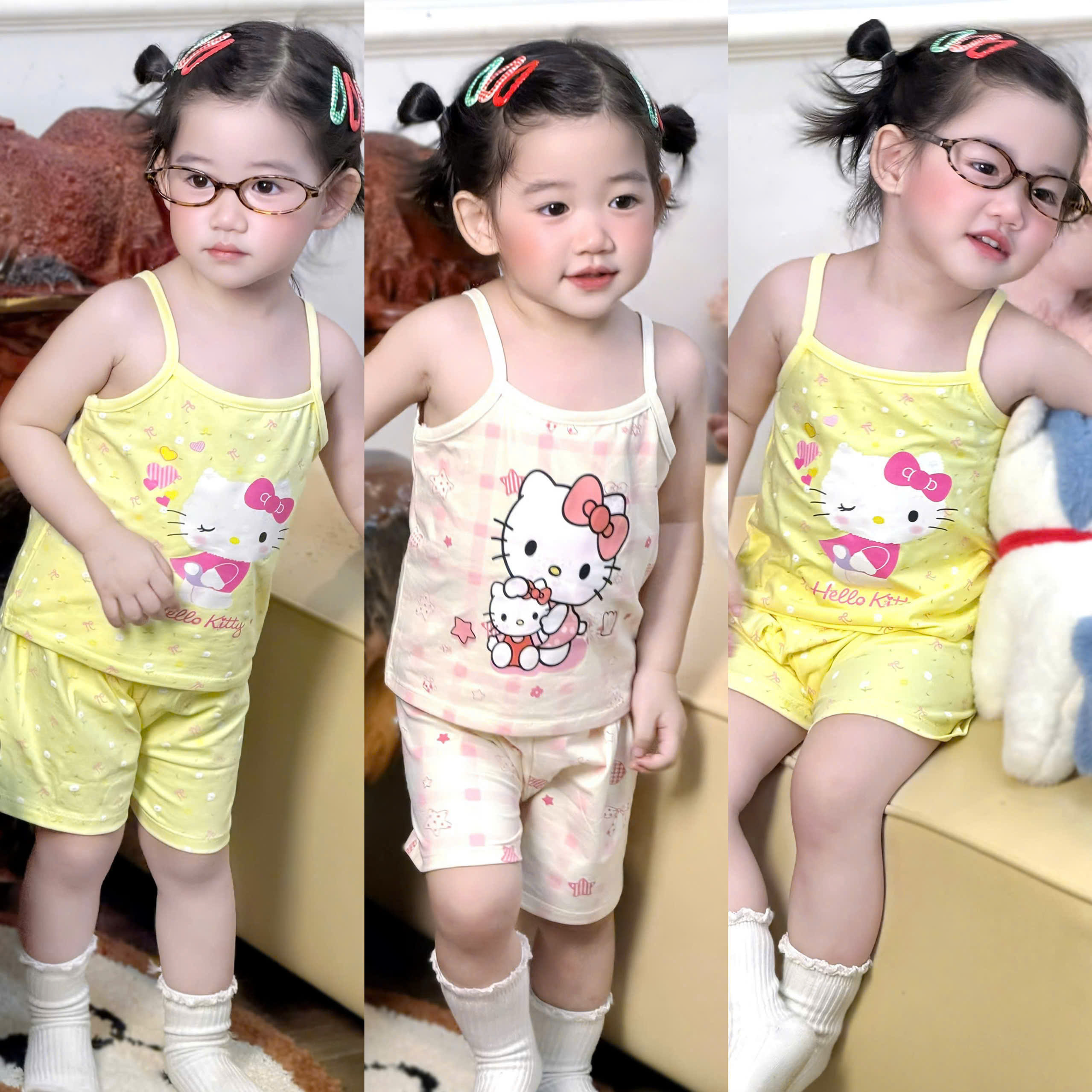 G016 - SET 2 BỘ ĐÙI BÉ GÁI 2S KITTY NƠ NHÍ vàng hồng
