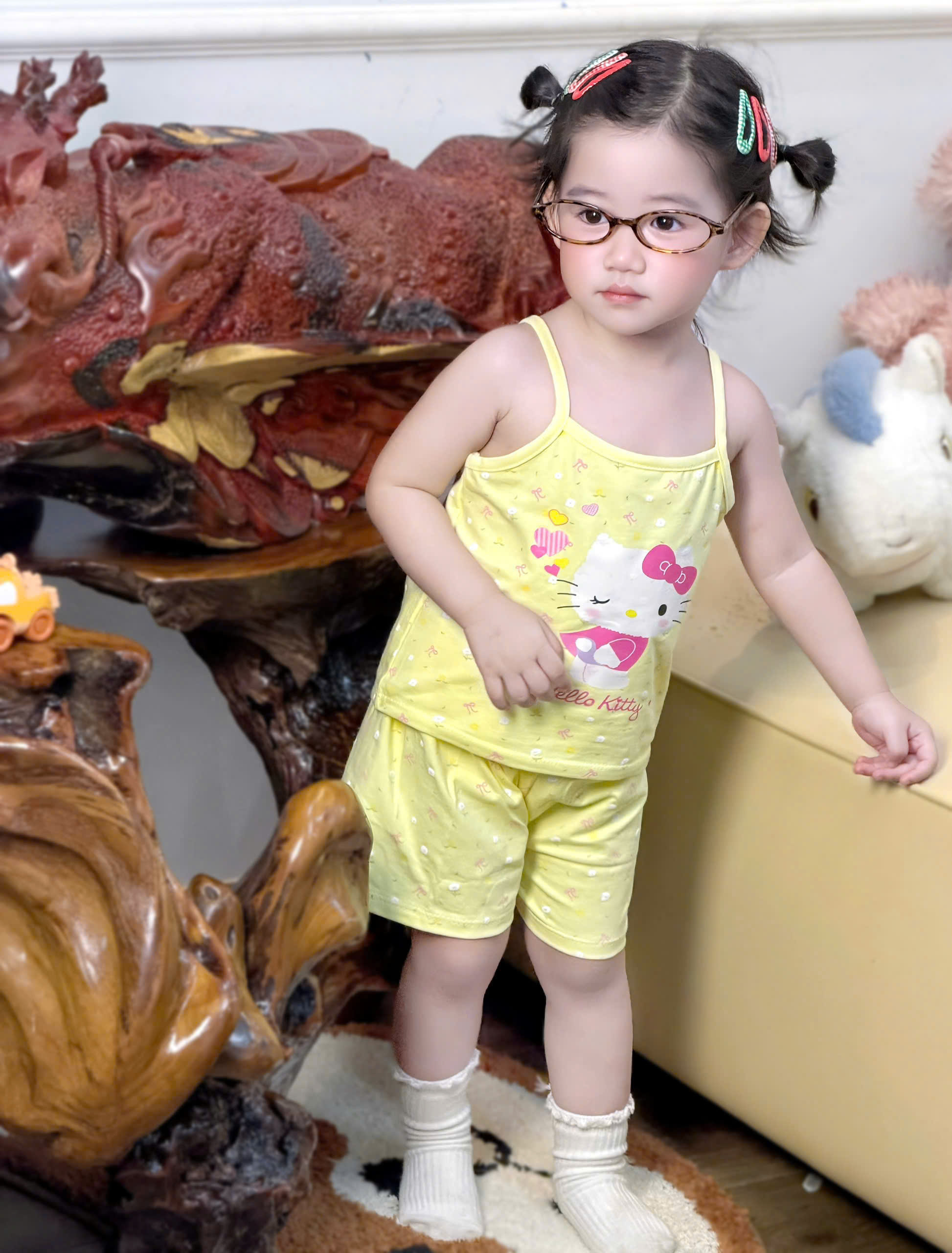 G016 - SET 2 BỘ ĐÙI BÉ GÁI 2S KITTY NƠ NHÍ vàng hồng