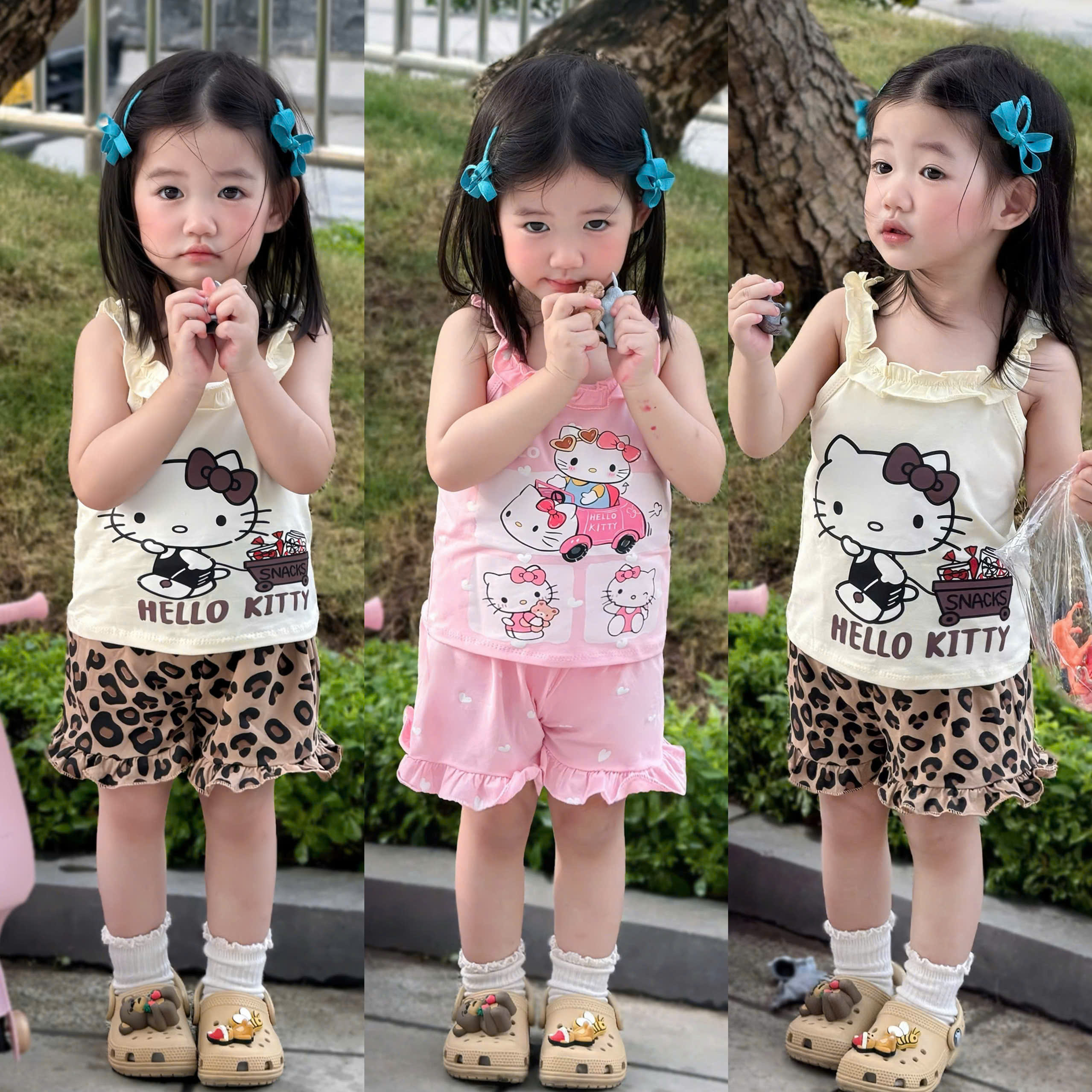G018 - SET 2 BỘ ĐÙI BÉ GÁI 2S BÈO KITTY hồng be báo