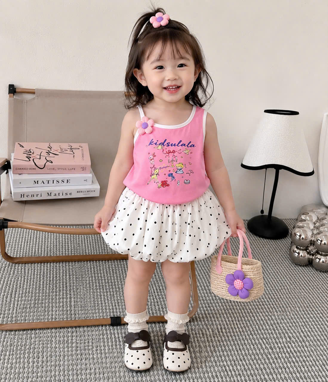 G025 - BỘ ĐÙI BÉ GÁI ÁO 2S Kidsulala QUẦN BÍ CHẤM BI