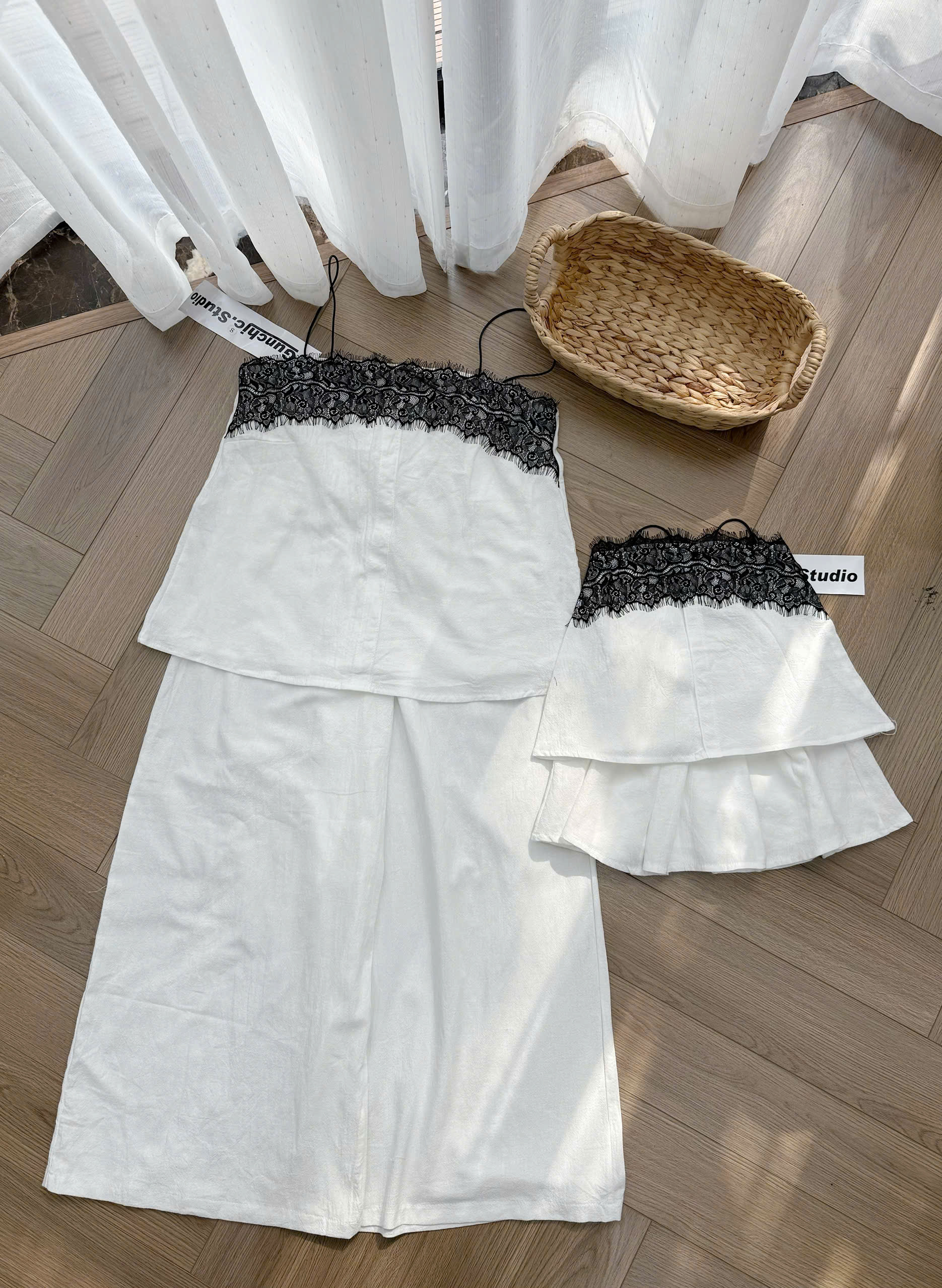 G026 - SET MẸ BÉ 2S TRẮNG PHỐI REN ĐEN