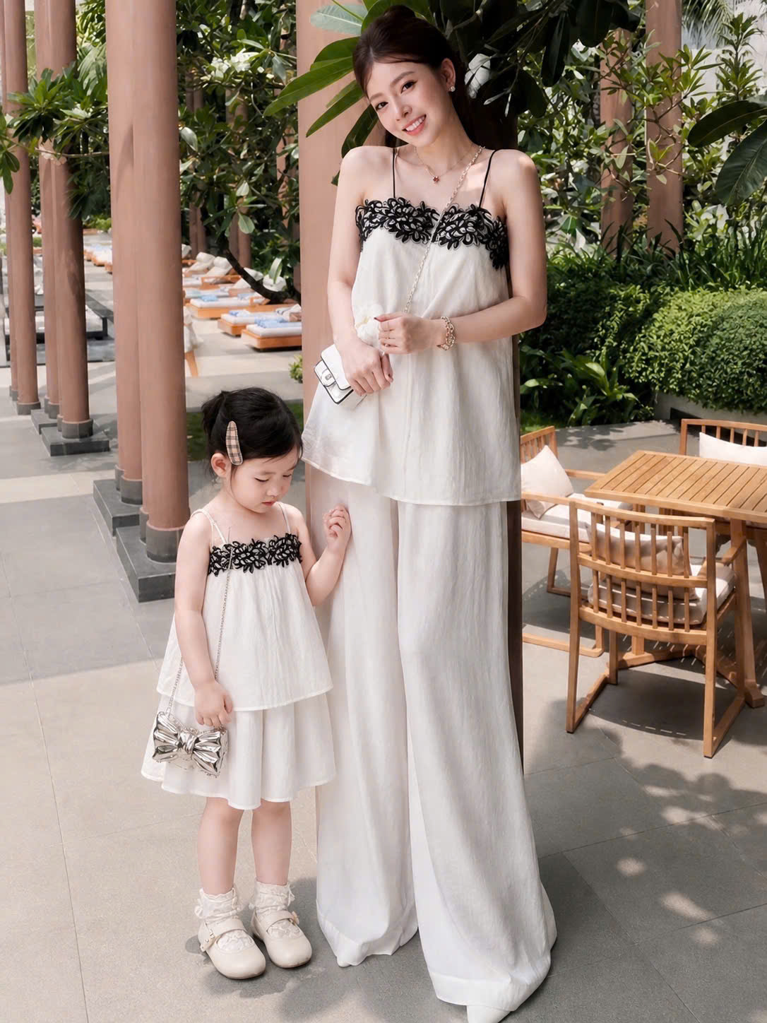 G026 - SET MẸ BÉ 2S TRẮNG PHỐI REN ĐEN