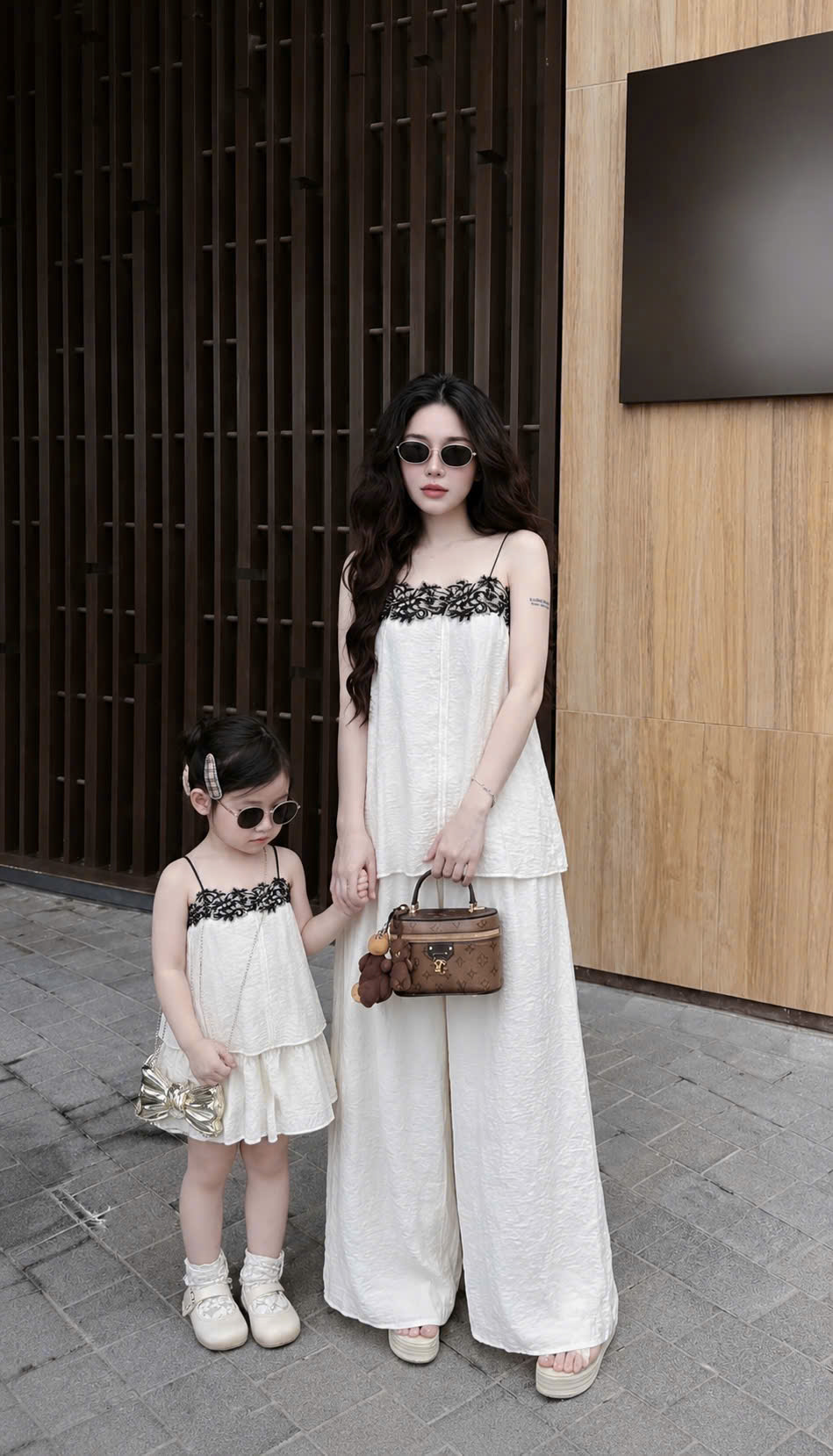 G026 - SET MẸ BÉ 2S TRẮNG PHỐI REN ĐEN